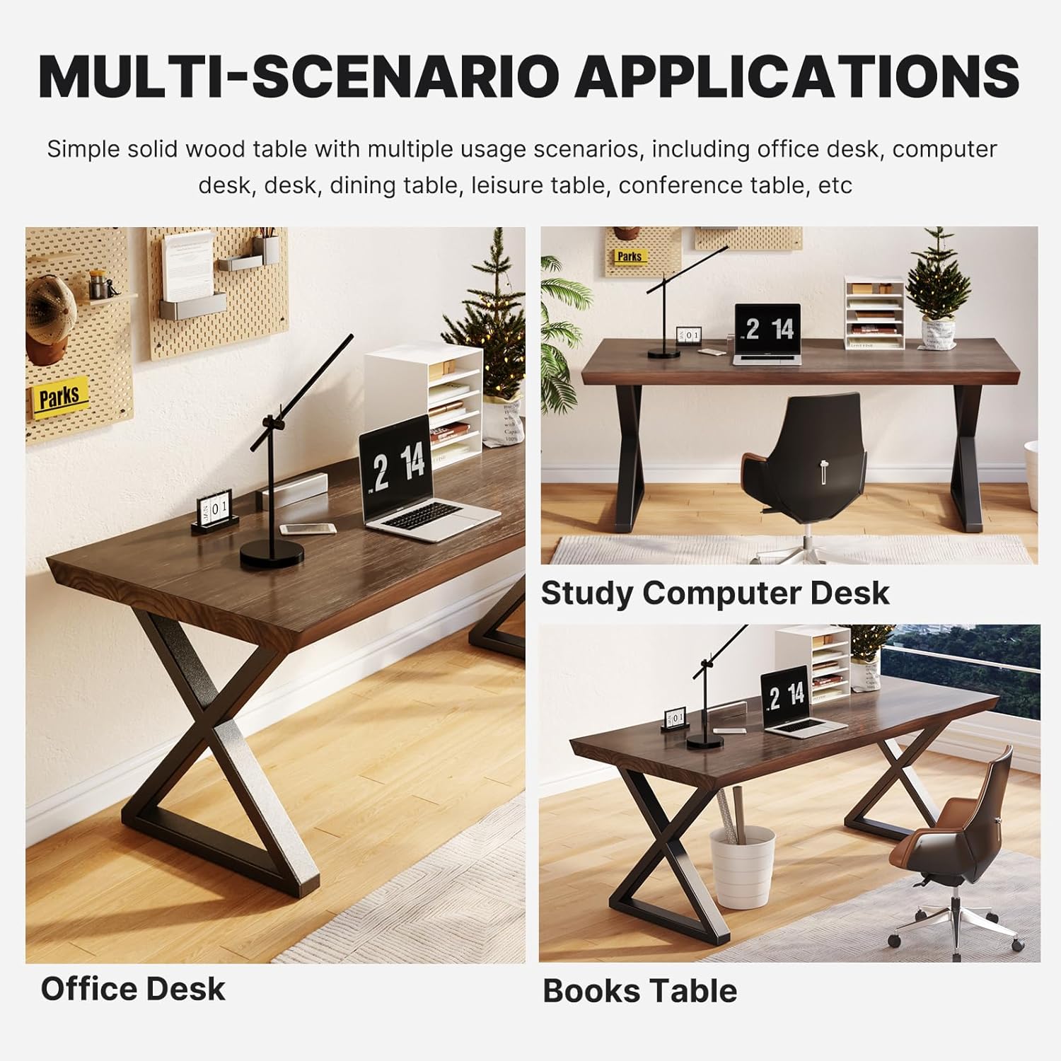 Solid Wood Desk 55 Inch,Home Office Desk,Office Furniture Butcher Block Studio Desk Rustic Brown Desk Heavy Duty Business Desk（Table Thickness:1.96 inches）