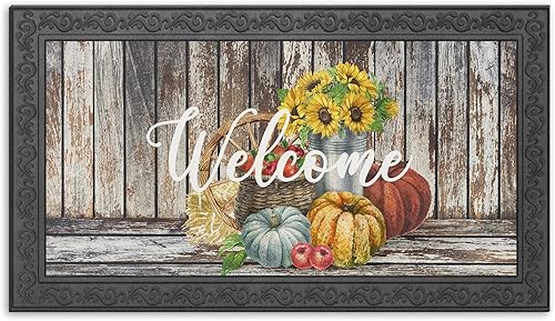 Tapete de otoño para puerta, de 17 x 30 pulgadas, diseño de calabaza amarilla y azul, tapete decorativo de Acción de Gracias para el hogar, parte