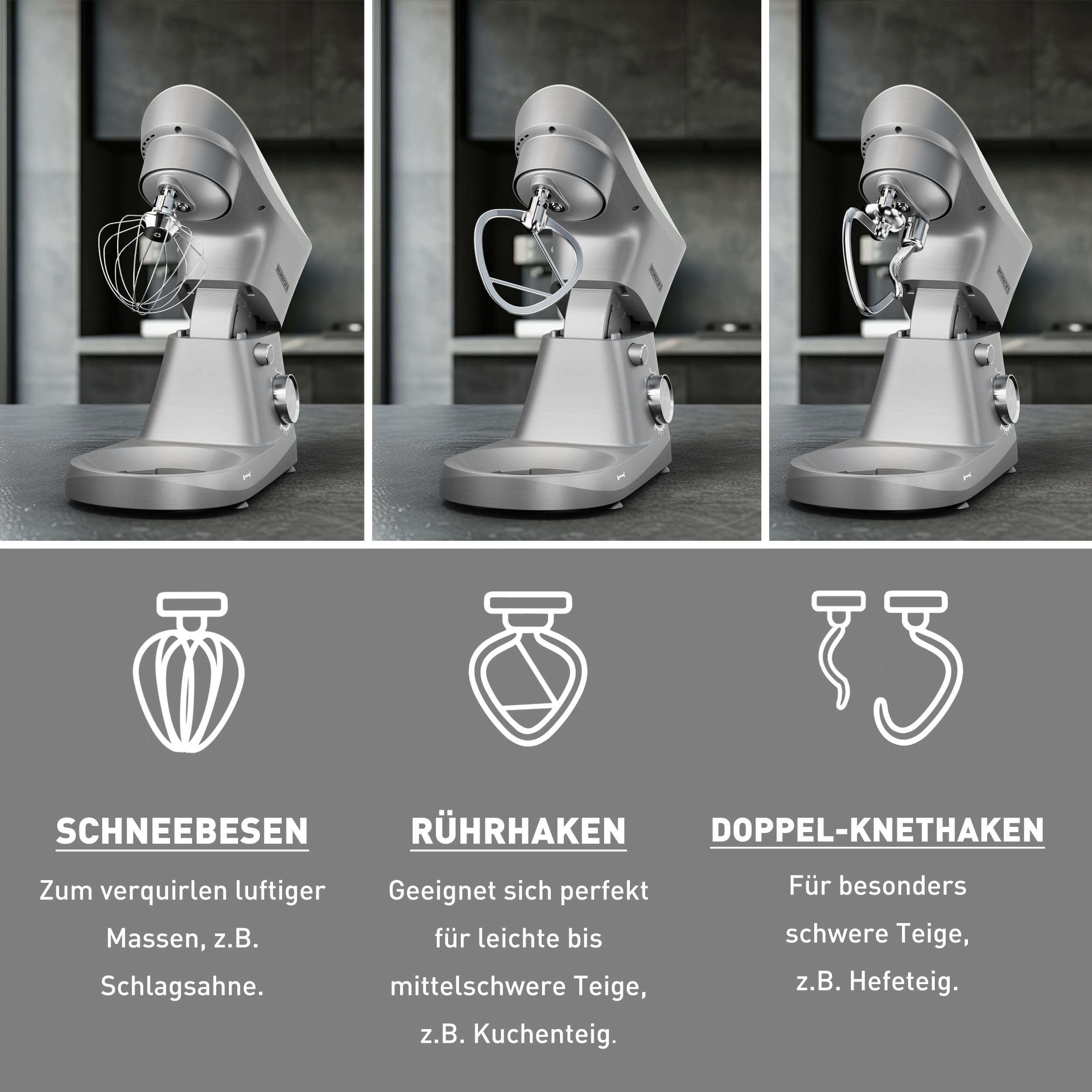 Heinrich´s Küchenmaschine, Knetmaschine, Teigmaschine, Rührmaschine, 1500W Küchengerät, Knethaken, Rührhaken, Schneebesen, 10 einstellbare Geschwindigkeiten, XL 6L Edelstahlschüssel,geräuscharm,silber