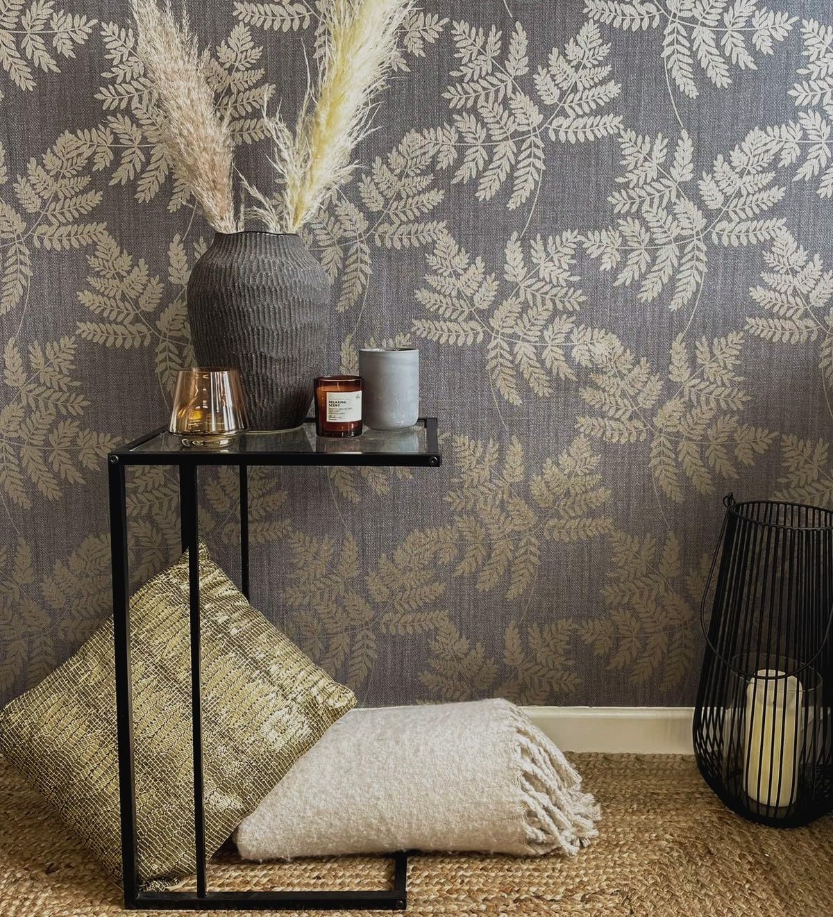Papier peint vinyle haut de gamme GAULAN à motifs dorés et lin gris foncé 10m
