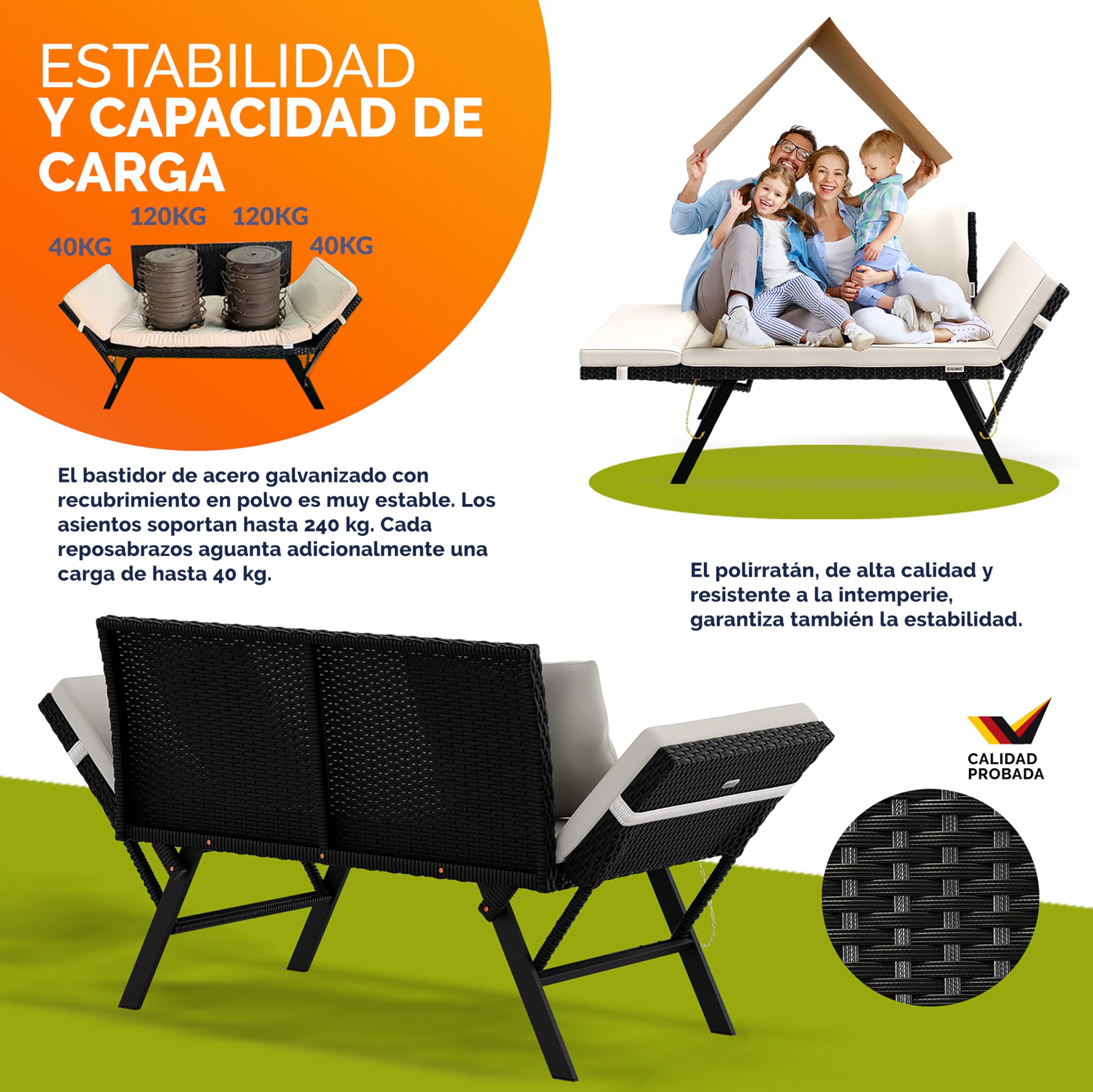 CASARIA® Sofá de Jardín Poliratán 2en1 Reclinable Tumbona Cama Banco Exterior Multifuncional Reposabrazos Ajustables Cojines Intemperie 240Kg Negro