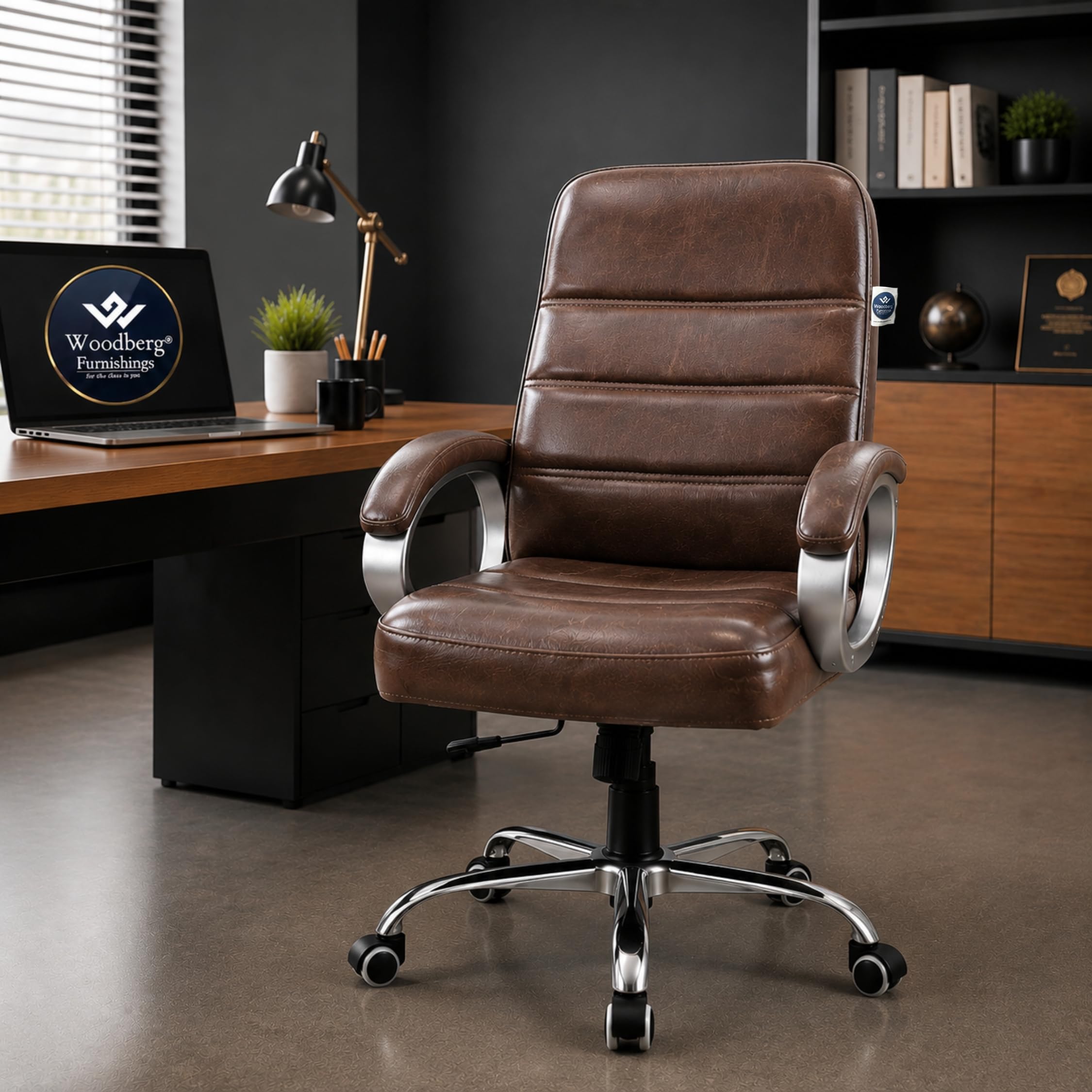 Zen Executive Ergonomic Office Chair for Work from Home | Leatherette Revolving Chair with 360° Swivel, Chrome Base & Cushioned Seat (Brown, Mid Back)-image-12