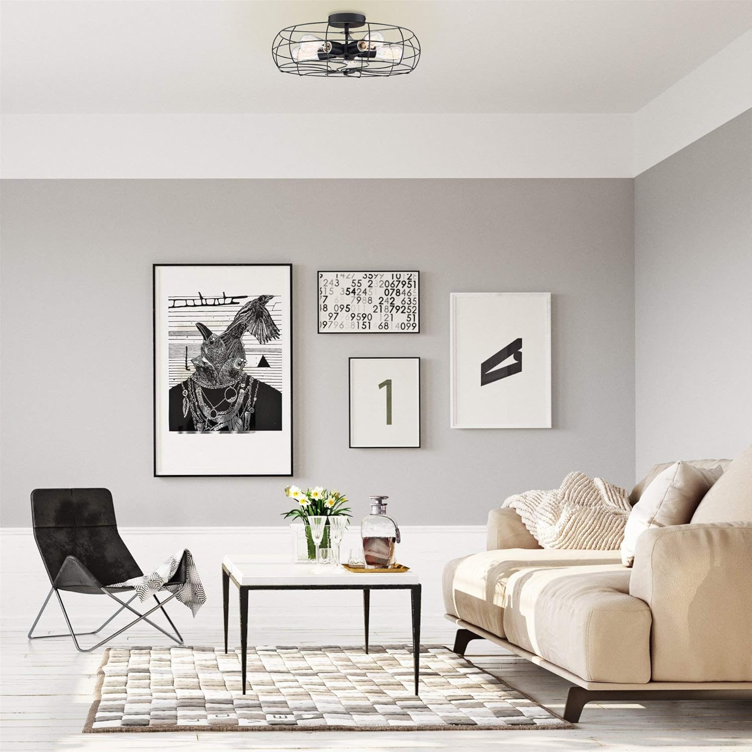 Promo Discount Up To 70% Off Kira Home Gage 18 5-Light Industrial Farmhouse/Vintage Semi-Flush Mount Ceiling Light + Metal Cage Shade, Matte Black Finish