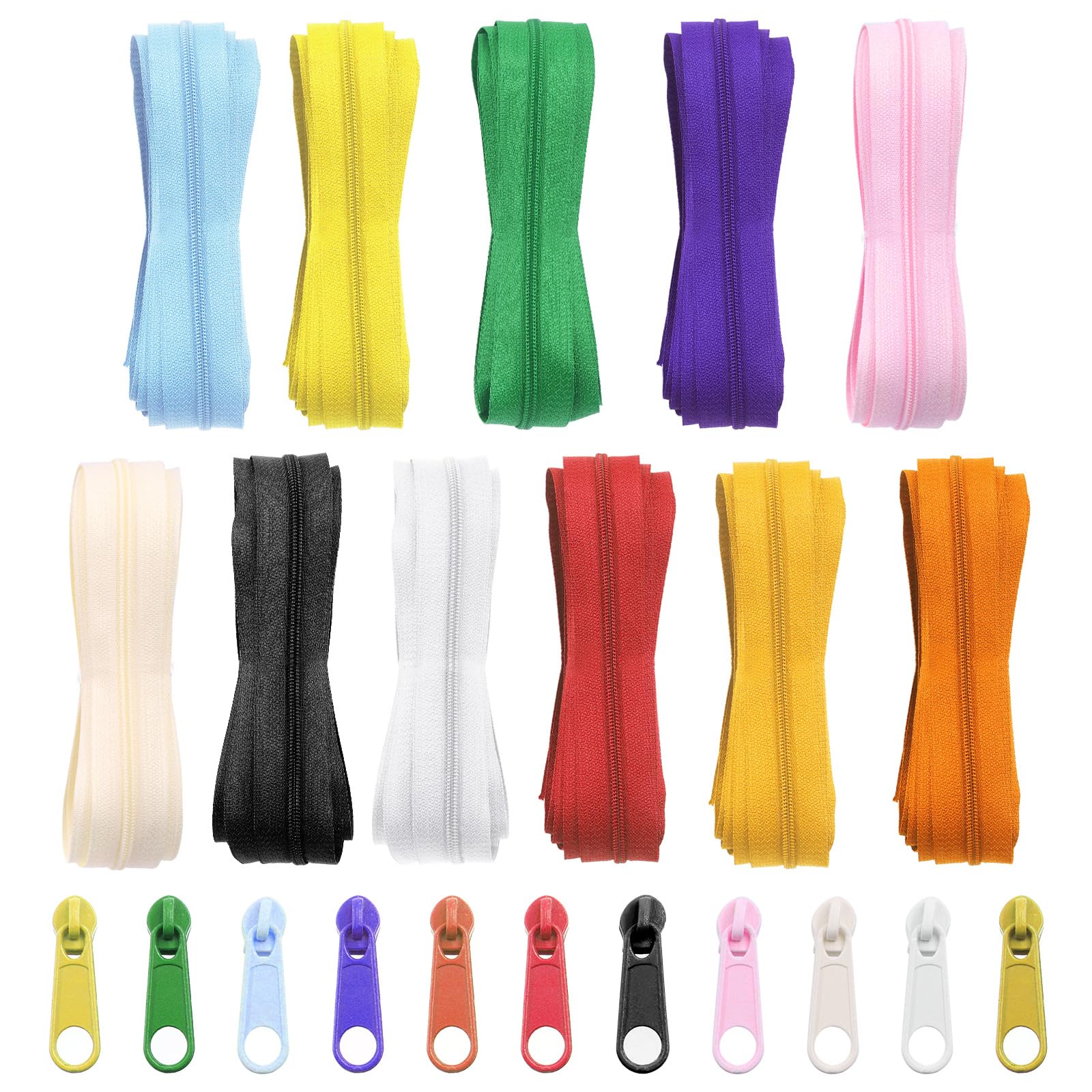 Swpeet 121Pcs Set - 33 Yards 11 Color #3 Nylon Coil Zipper with 110 Zipper Sliders Heads for DIY Sewing Crafts Supplies, 3 Yard a Roll