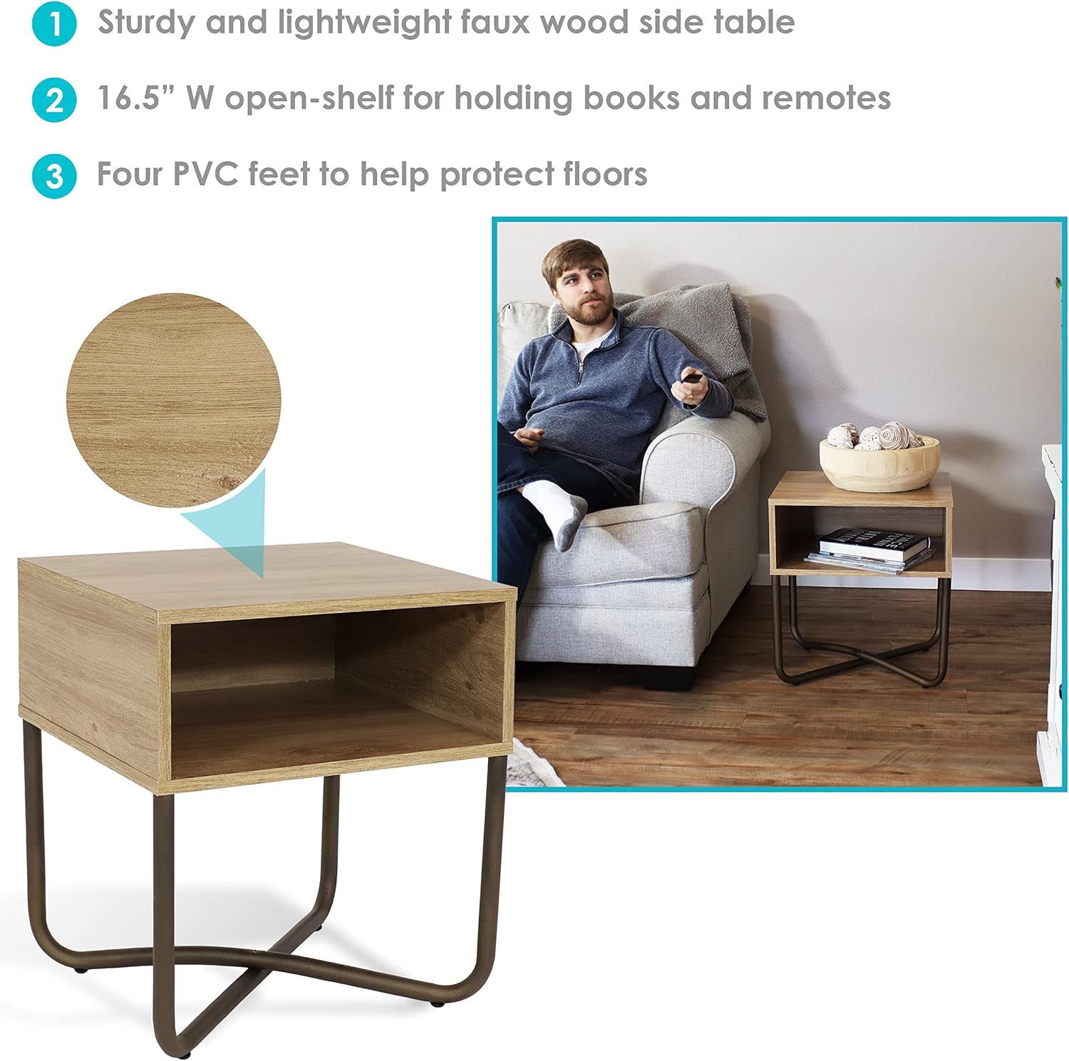 Sunnydaze 19.75-Inch H Open Shelf MDP Industrial-Style Nightstand with Powder-Coated Steel Cross Base - Brown