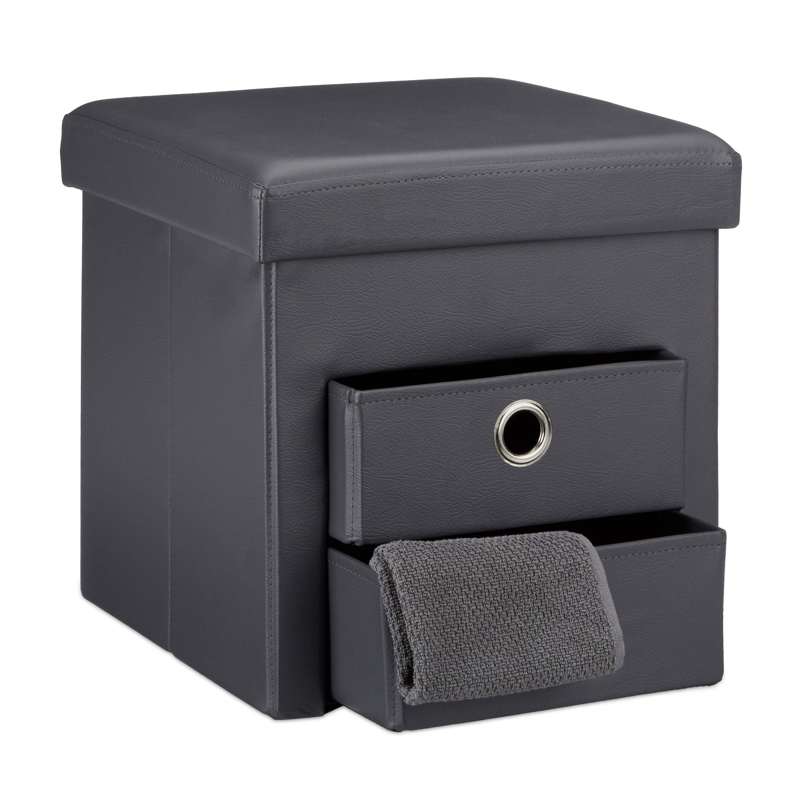 Relaxdays Tabouret de rangement carré pliant en similicuir avec couvercle amovible pouf ottoman de stockage cube pour salon pliable avec 2 tiroirs amovibles repose-pieds HxlxP: 38 x 38 x 38 cm, gris