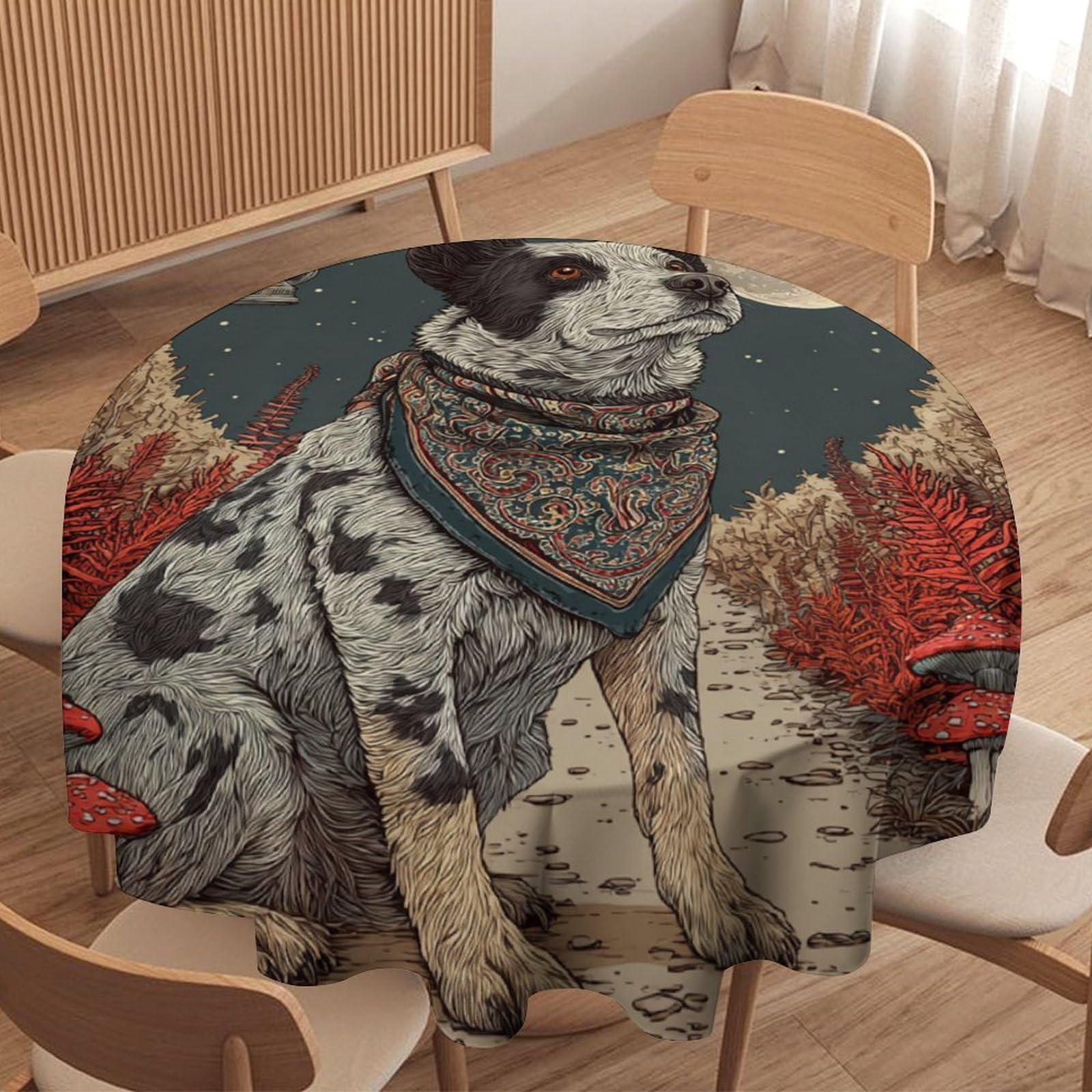 LUYYSKY Classic Vintage Cute Puppy Round Tablecloth Colorful Abstract Full Moon Animals Dogs Plants Mushrooms Pattern Washable Decor for Table Cover for Kitchen-91.4" Wx91.4 L cm