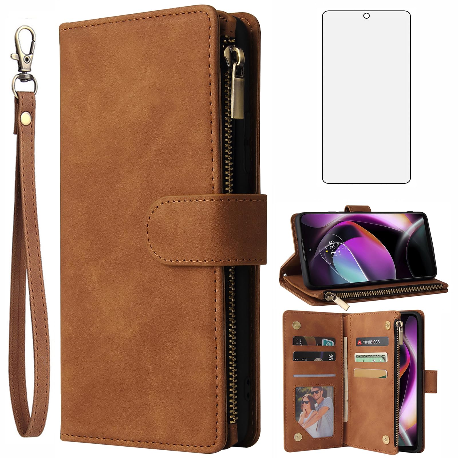 Asuwish Compatible with Motorola Moto G 5G 2022 Wallet Case Tempered Glass Screen Protector and Leather Flip Cover Card Holder Cell Phone Cases for