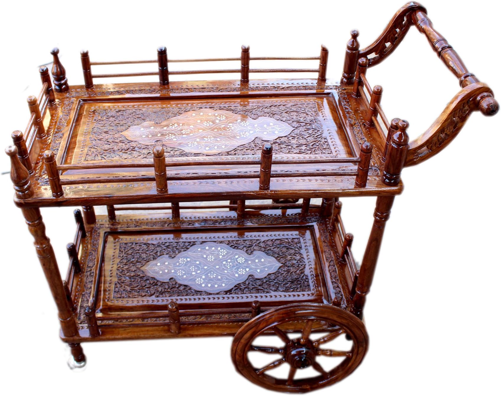 shilpi sheesham wood standard handmade wheel decor service trolley/wooden kitchen tools storage service trolley
