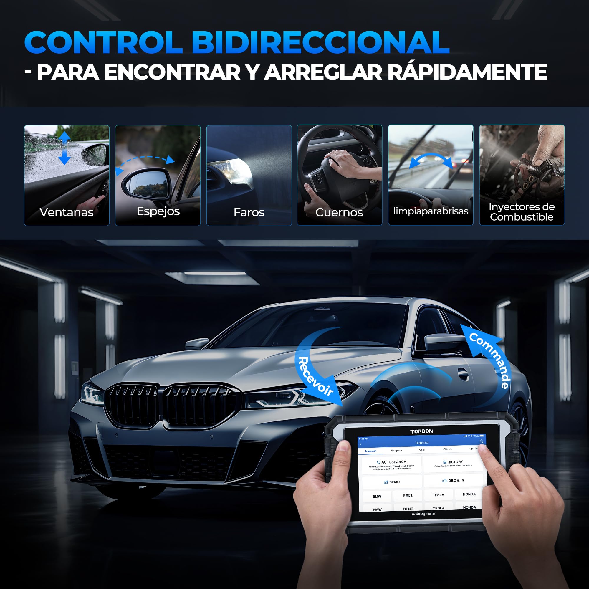 TOPDON OBD2 Diagnosis Coche AD900BT, Codificación ECU, Control Bidireccional, 28+ Servicios, Escáner de Sistema Completo, para Todos los Vehículos con FCA, 2 Años de Actualizaciones Gratuitas