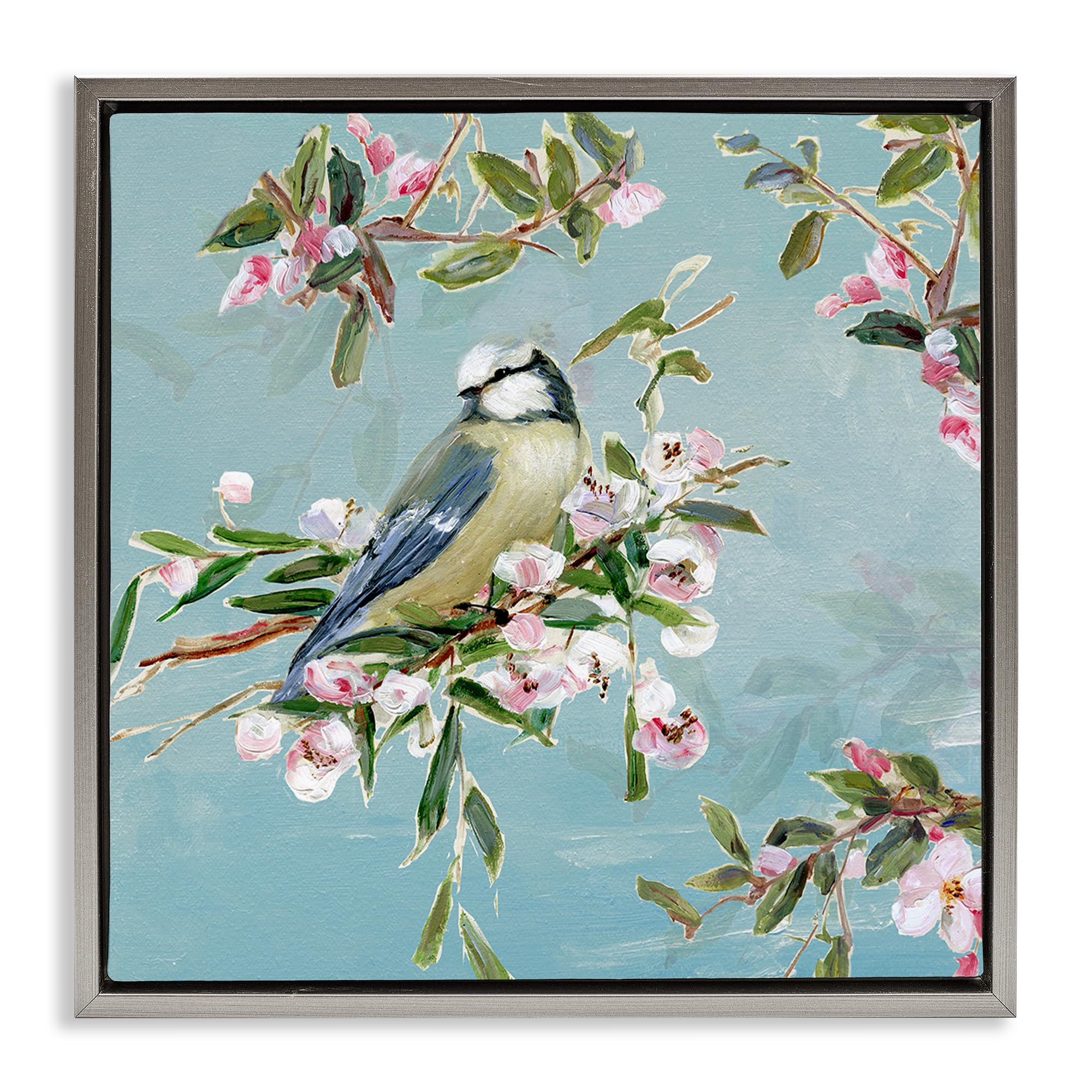 Stupell Industries Luster Gray (Matte) 'Songbird Perched On Blooms'| Floating Frame Canvas Art