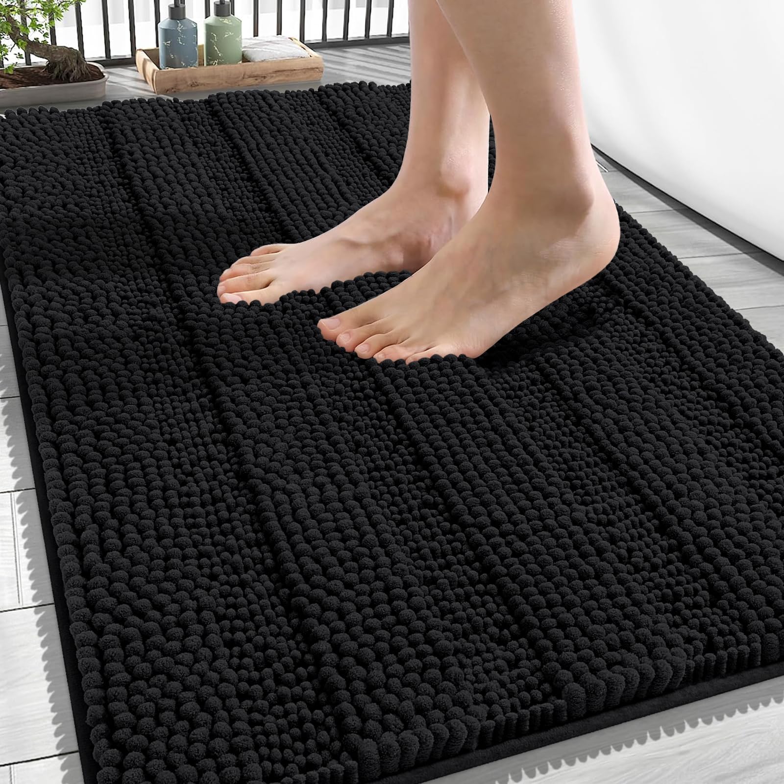 OLANLY Thick Bathroom Rugs 34x21, Soft Chenille Striped Bath Rugs, Black