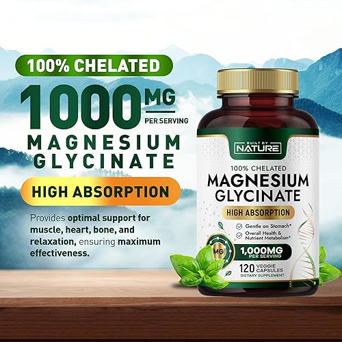 Miniatura 2 de Built By Nature Glicinato de magnesio 1000 mg - Suplemento de magnesio de alta absorción - 100% quelado, suave para el estómago - Soporte muscular,