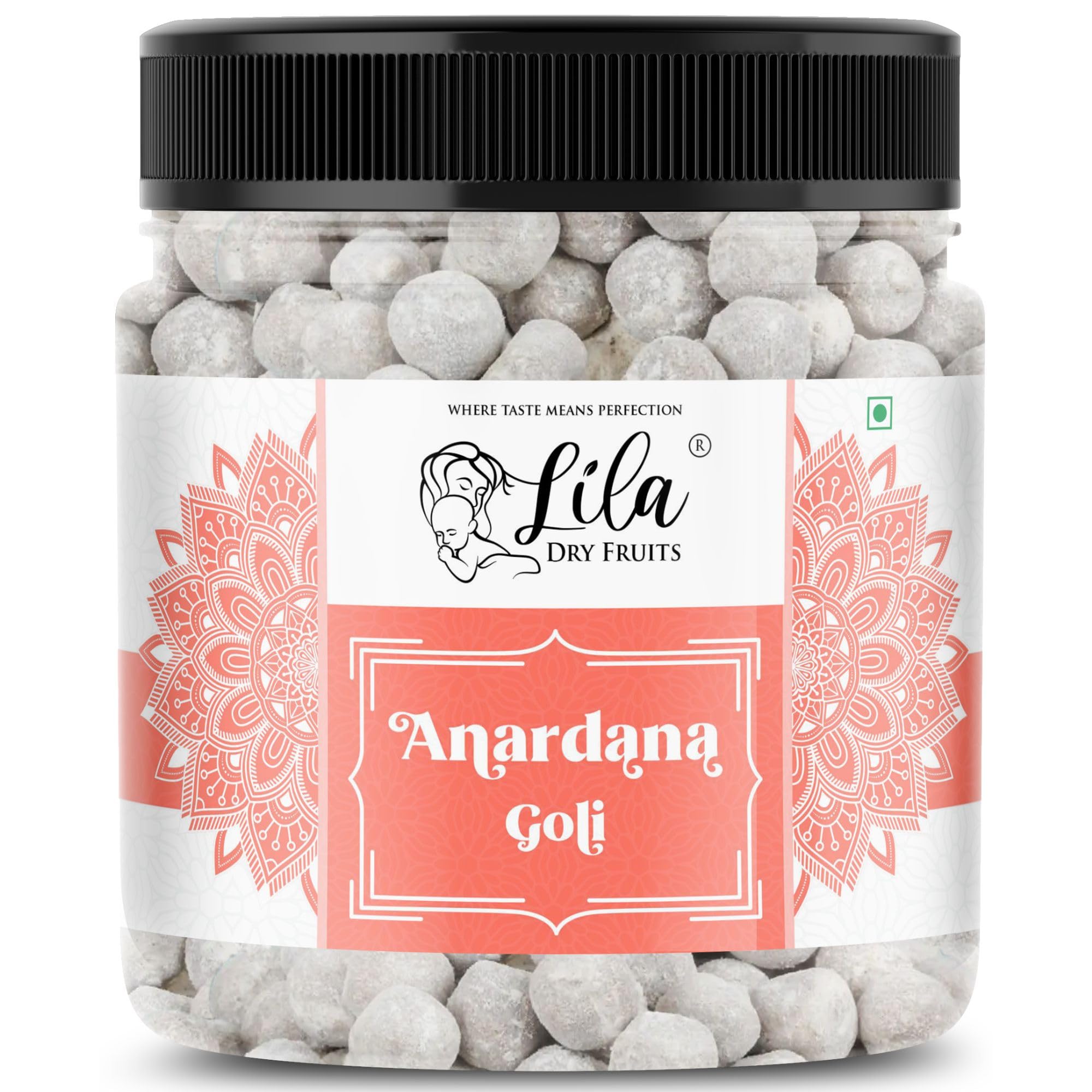 LILA DRY FRUITS Anardana Goli 150 Gms | Traditional Digestive Mukhwas Candy | Tasty Khatta Meetha Mouth Freshener | Sweet and Tangy Flavored Anardaana Mukhwaas Pomegranate Balls | Perfect for Gifting