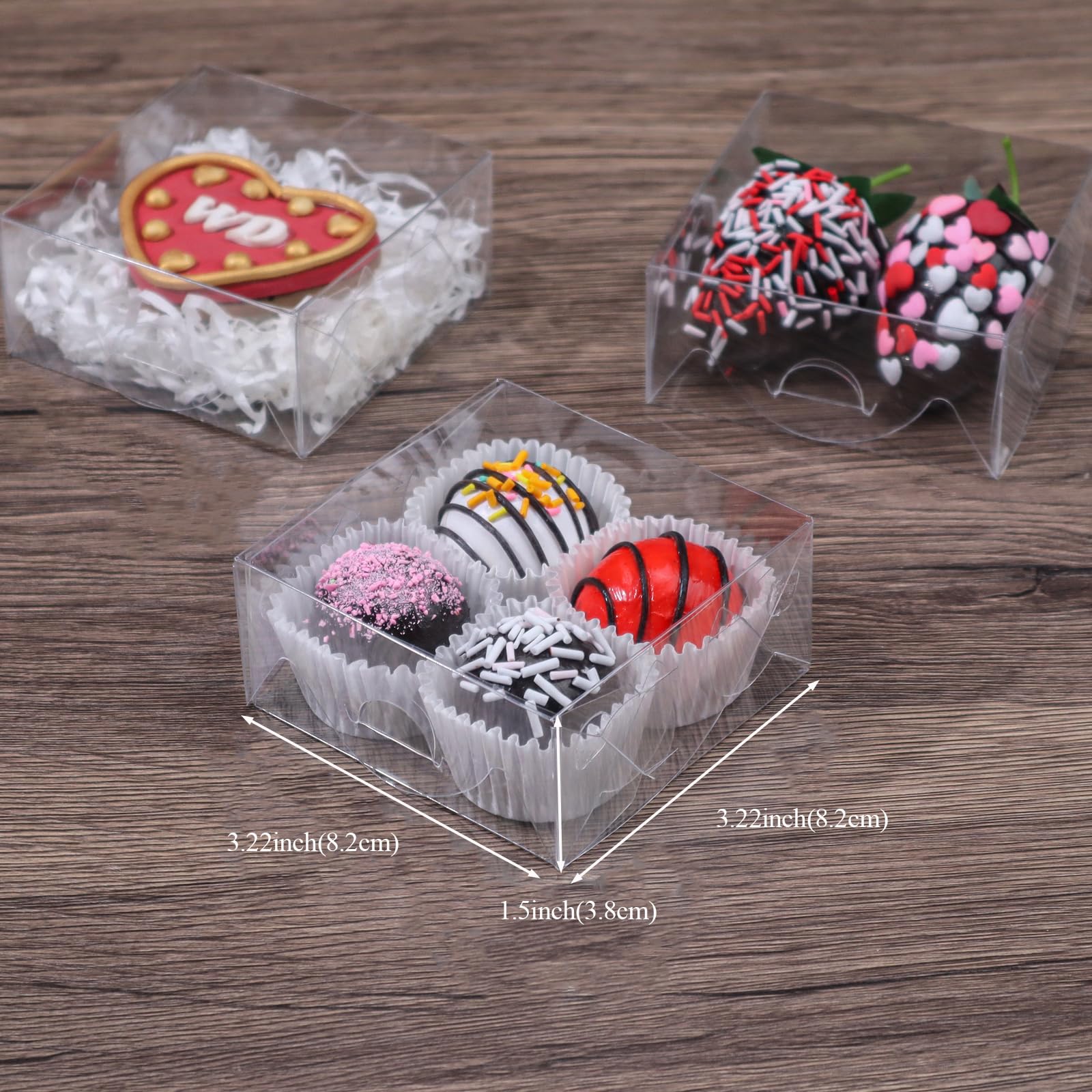 50 cajas transparentes de 3¼ x 3¼ x 1½ pulgadas, cajas de jabón, cajas de trufa de chocolate para 4, cajas de donas, cajas de macarrón, cajas de cerezas cubiertas de chocolate, mini cajas de