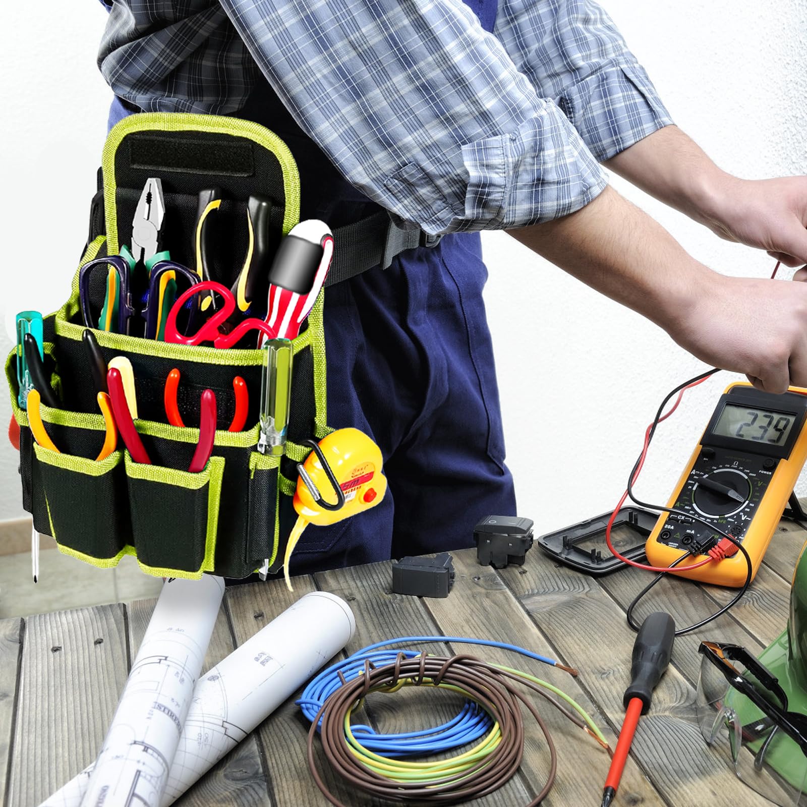 APOMOONS Cinturón de Herramientas, Bolsa Electricista, Cinturones de Herramientas, Porta Herramientas Desmontable Y Ajustable para Electricista, Carpintero