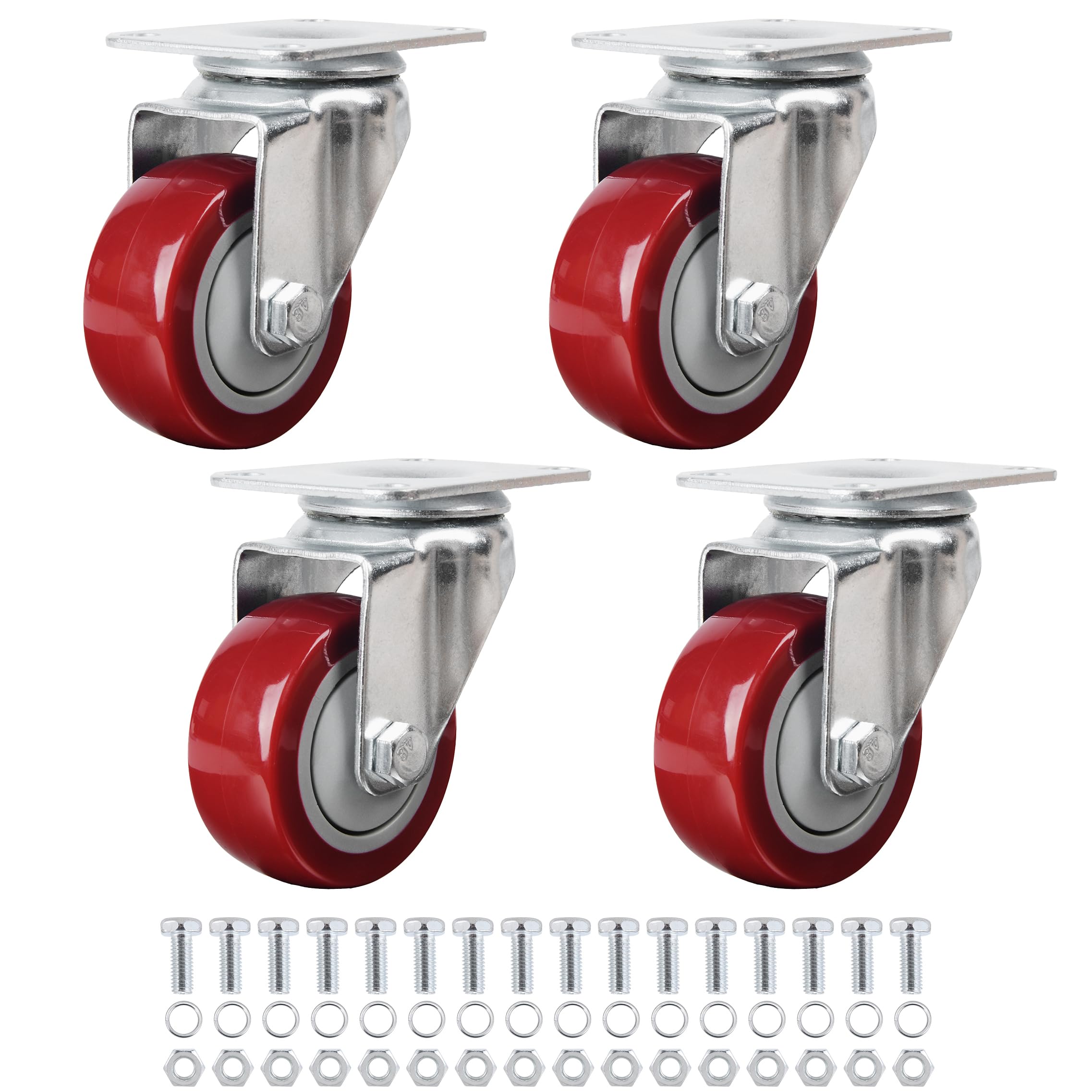 Finnhomy Swivel Casters Wheels Set of 4 Plate Casters 3 Inch Premium Polyurethane Wheels PU Load Bearing 1,200 Lbs Anti-wear Smooth Casters Red