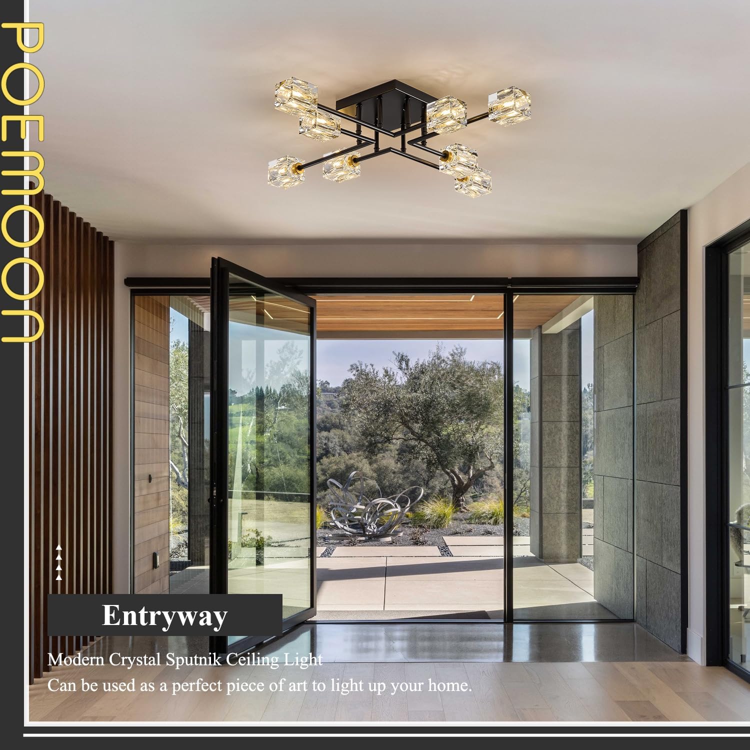 Modern Black Gold Sputnik Chandeliers 8-Light Crystal Semi Flush Mount Ceiling Light Industrial L 31.5" Chandelier Lighting for Living Room Dining Room Foyer Entryway Kitchen Bedroom