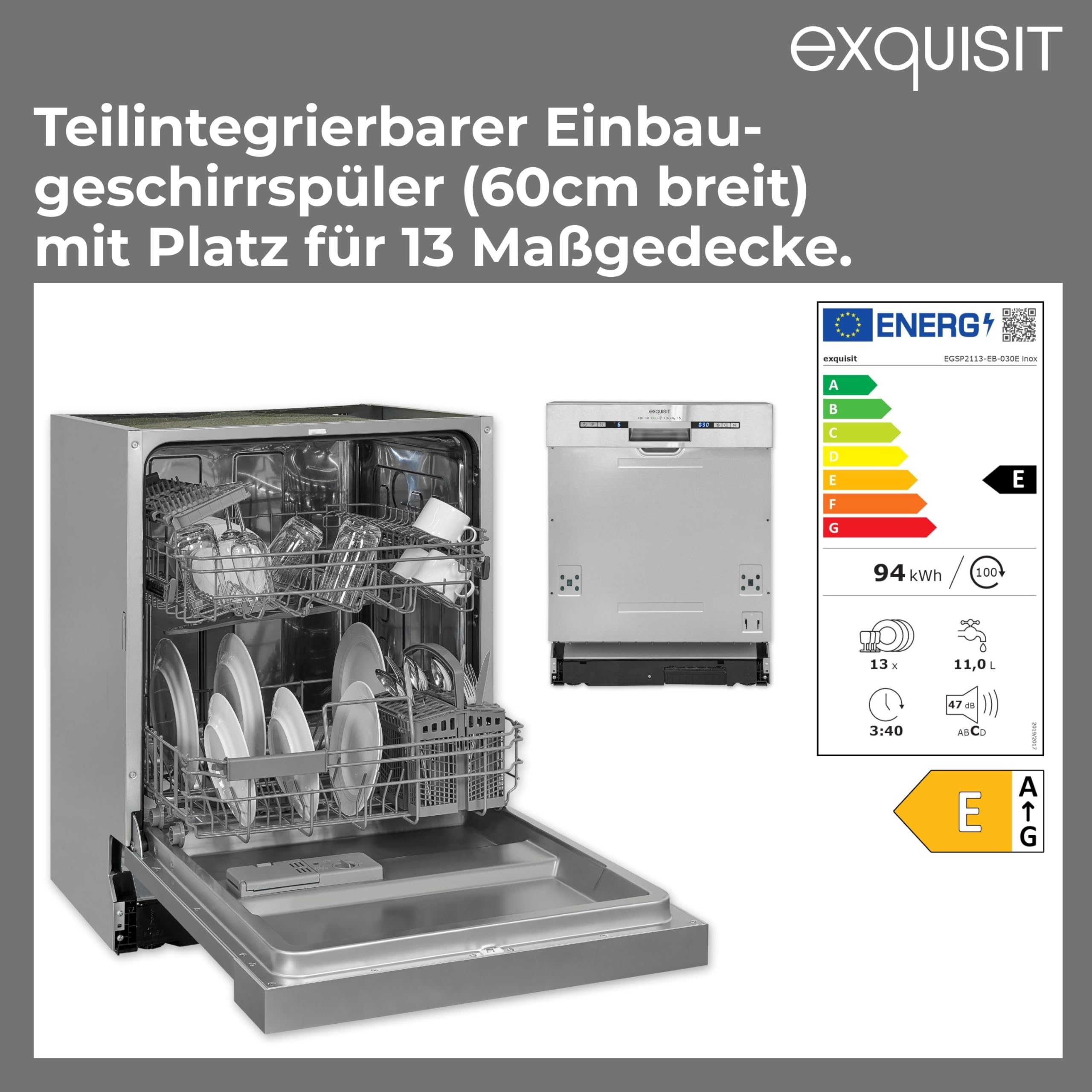 Exquisit PLUS Einbaugeschirrspüler | 13 Maßgedecke, Energieklasse E, 47 dB(A) | vollintegriert, 7 Programme, Eco, Intensiv, Kurz, Extra-Trocknung, Startzeitverzögerung | EGSP2113-EB-030E inox