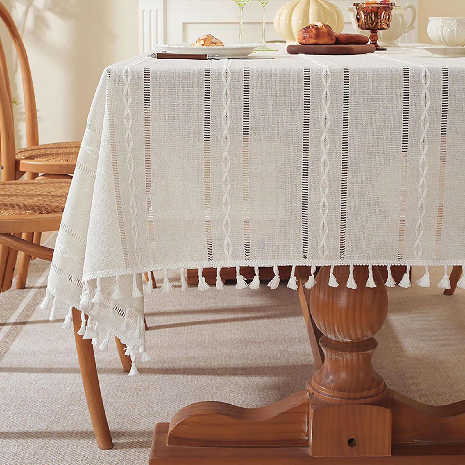 ENWIND Beige Linen Cotton Tablecloth Rectangle Decorative Farmhouse Table Cloth