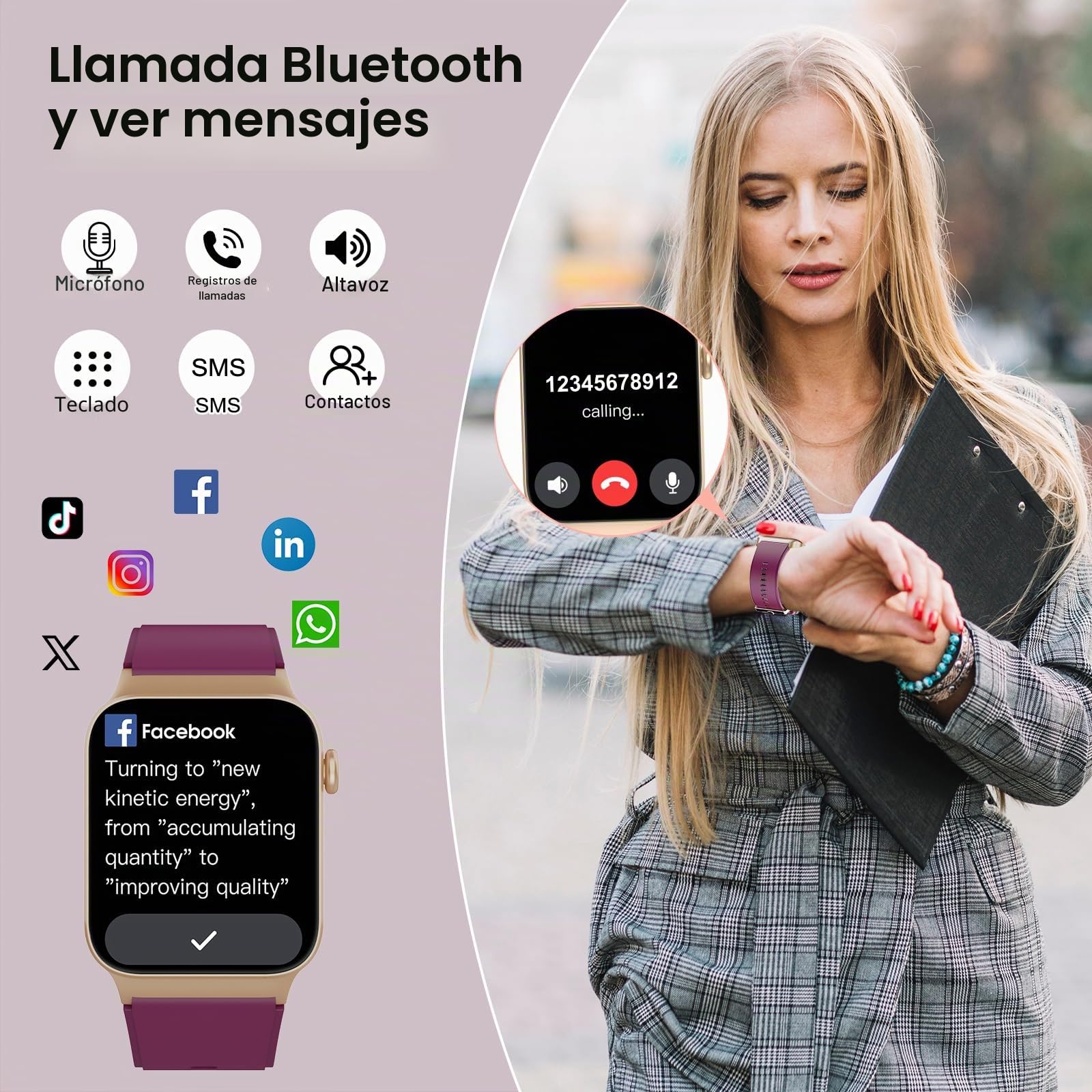 STECEi Reloj Inteligente Mujer con Llamada, 1,85" Smartwatch con 110+ Modos Deportivos, Monitor de Ritmo Cardíaco y Sueño, Impermeable IP68 Inteligente con DIY Esfera Reloj, Podómetro, Rojo Vino