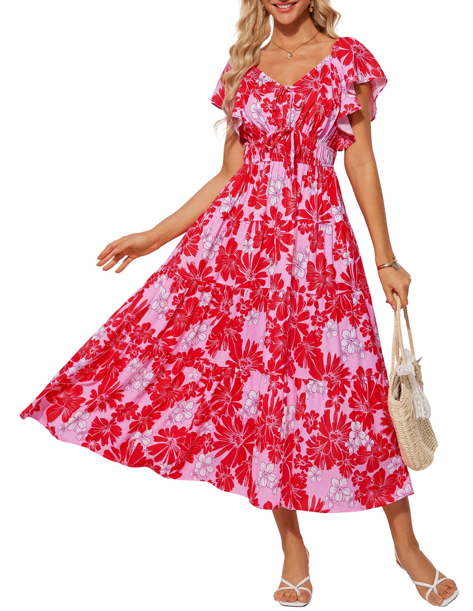 GRACE KARIN Damen Elegant Blumenkleid Rüschenärmel V-Ausschnitt Maxikleid A-Linie Sommerkleid mit Taschen