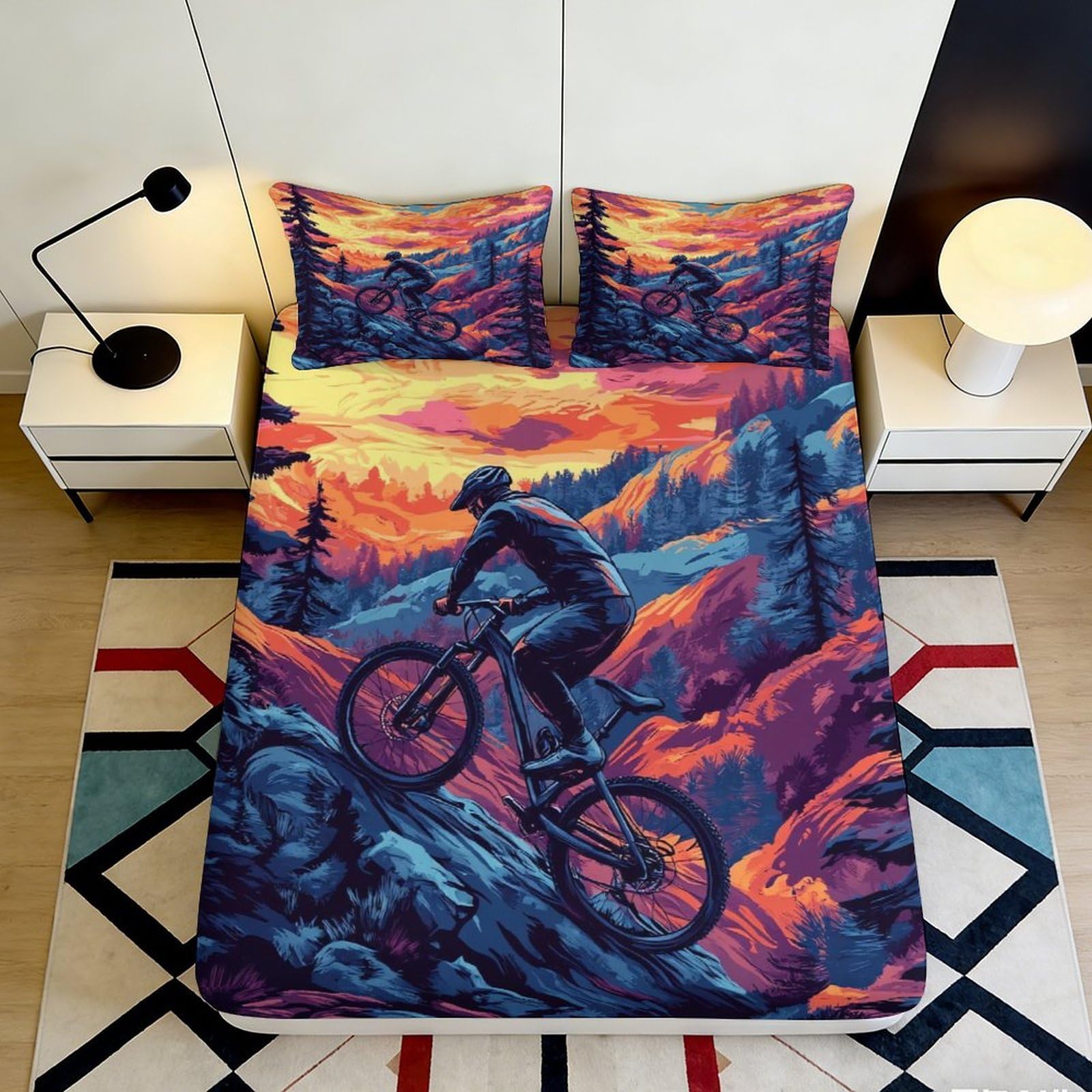 3D Printed Mountain Sunset Fitted Sheet Microfiber Scenic Cyclist Bed Cover for Bedroom Guest Room Mattress Protection Decor 160x200x25cm