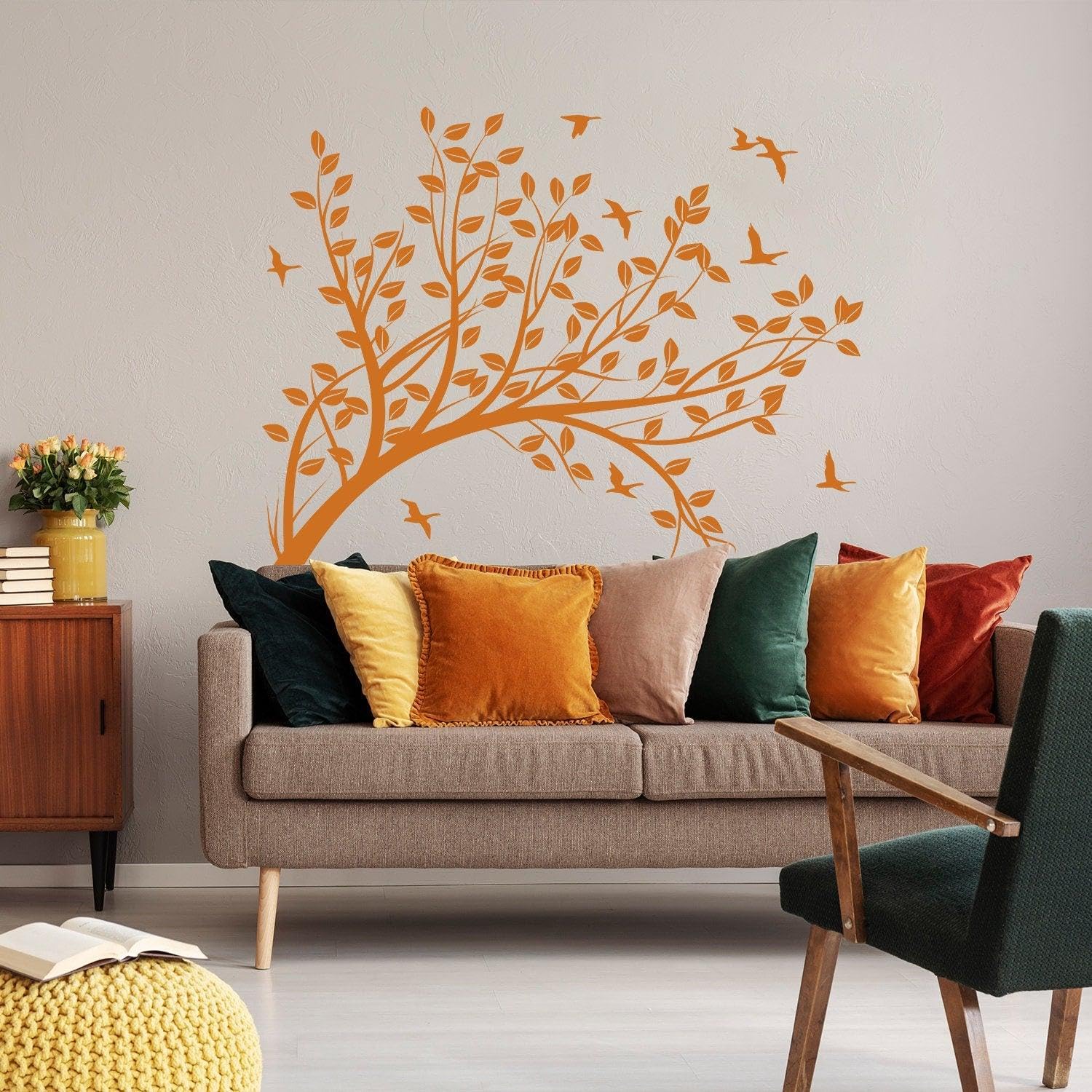 Calcomanía de vinilo con diseño de rama de árbol de pared - Calcomanías de pájaros para habitación de niños, 55 x 42 pulgadas
