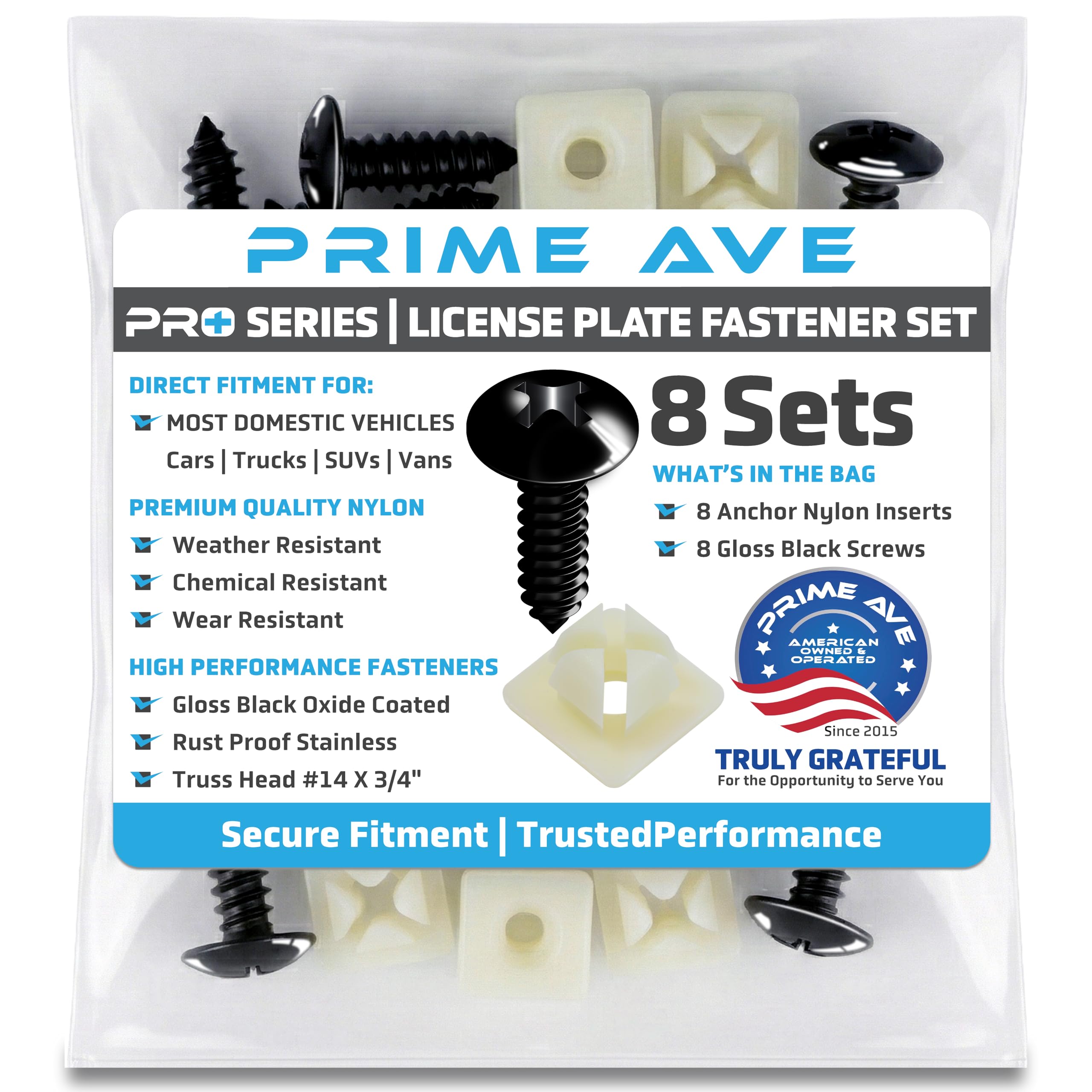 Black Oxide Stainless Steel License Plate Screws with Nylon Inserts for Securing Front & Rear License Plates, Frames & Covers – License Plate Fasteners Fit Most Domestic Vehicles (Set of 8) Black Oxide 8 pack