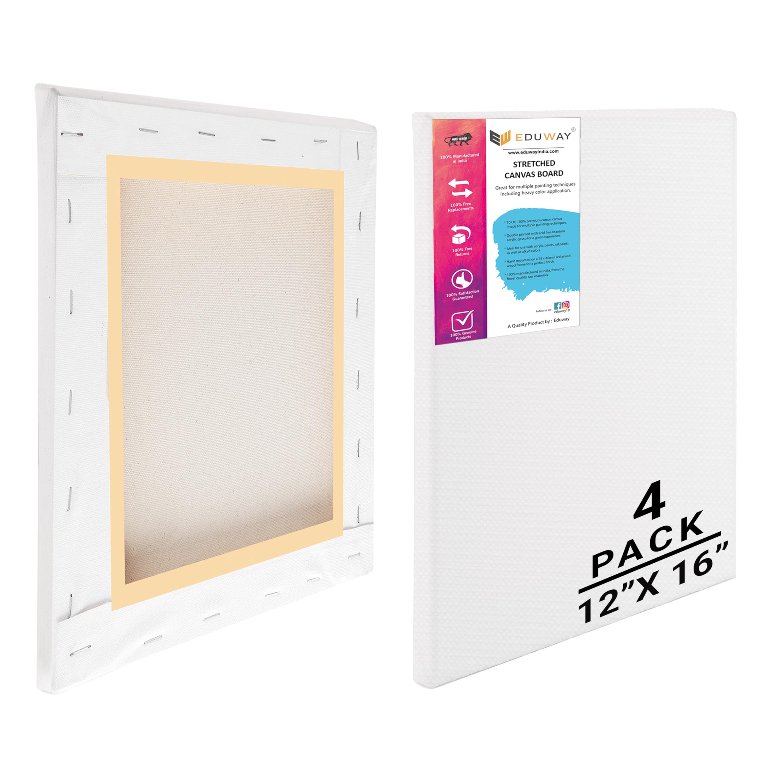 Eduway Wstępnie rozciągnięte płótno malarskie o wymiarach 30 x 40 cm, średnio ziarniste, 200 ml, z drewnianą ramą, dla początkujących i artystów, nadaje się do akrylu, oleju, farb wodnych - (zestaw 4