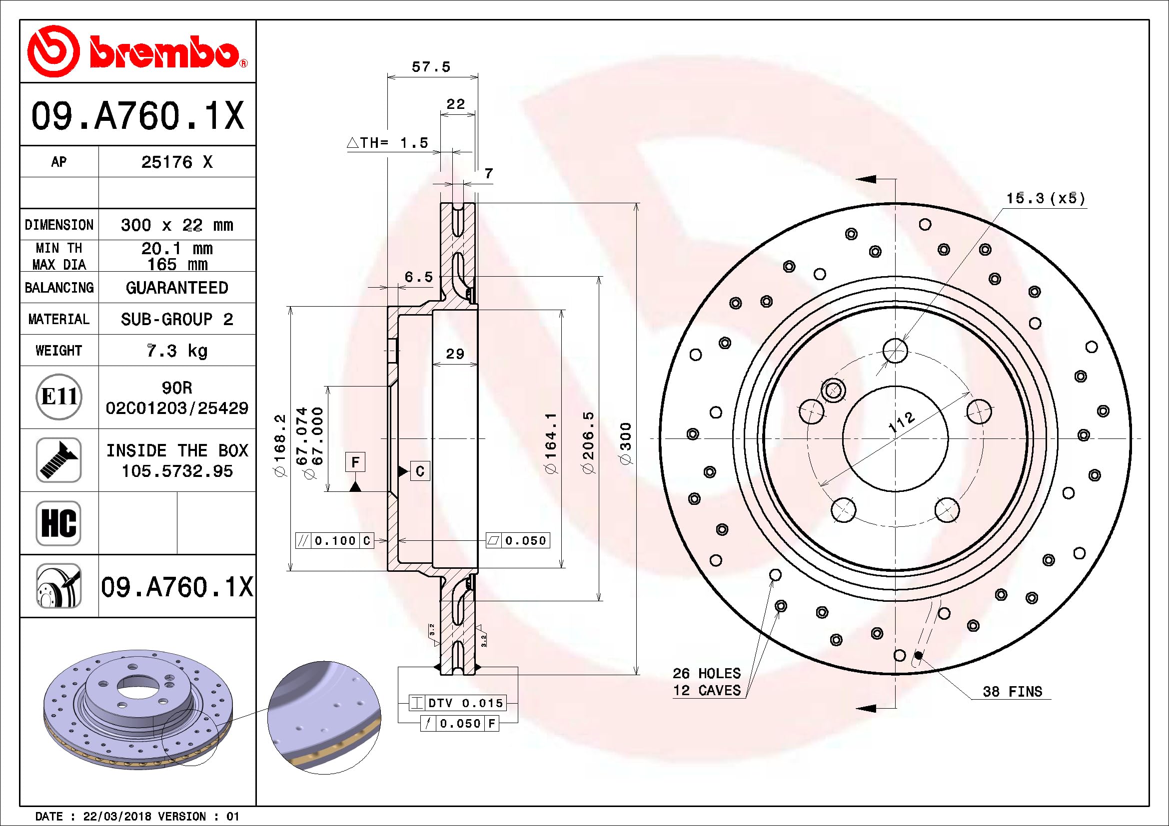 Brembo Xtra 09.A760.1X - Disco Freno Forato Posteriore, Set di 2