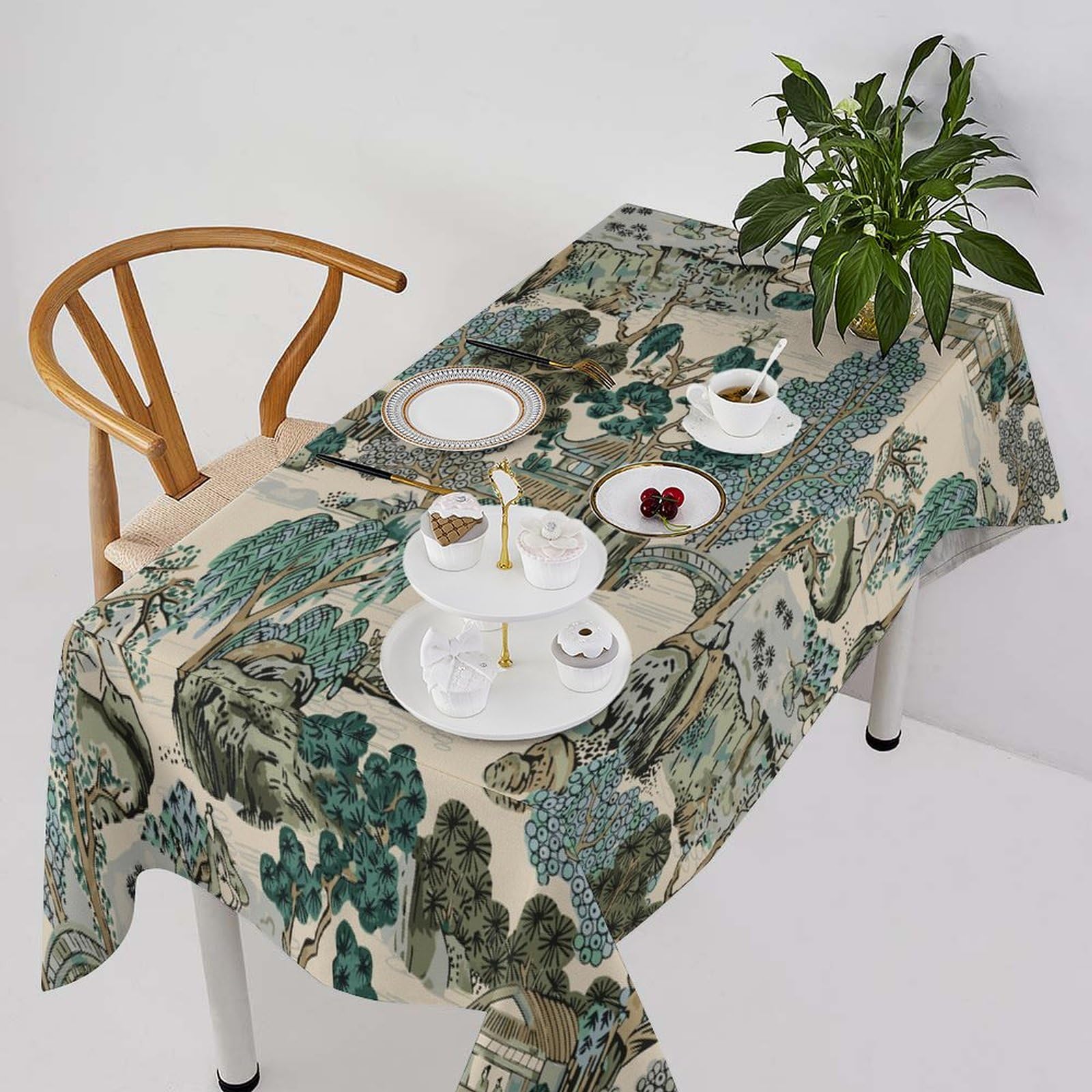 JanJCurt Asian Landscape Tablecloth, Oriental Vintage Chinoiserie Green Teal Mountains Pine Trees Tablecloth for Wedding Party Holiday Kitchen Dining