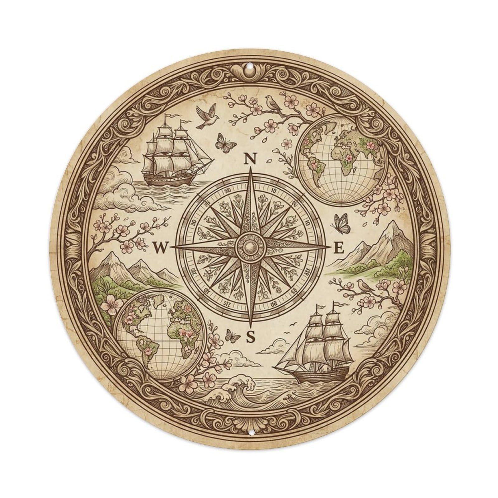 Vintage Nautical Compass World Map Beachfront Path Metal Tin Sign