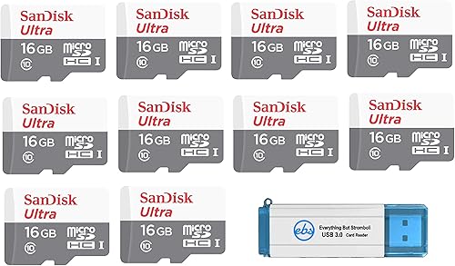 SanDisk Ultra SDSQUNS-016G-GN3MN Paquete de 16 GB (10 unidades) UHS-I Clase 10 microSDHC con (1) lector micro SD/TF Everything But Stromboli 3.0