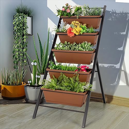 Miniatura 2 de Giantex Maceta vertical elevada, camas de jardín elevadas con orificio de drenaje de agua, cajas independientes de 5 contenedores para cultivo de