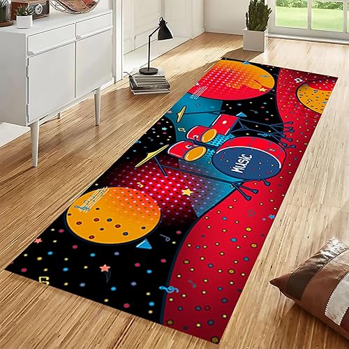 Miniatura 9 de Alfombra de pasillo de notas musicales, 2 x 7 pies, música retro, líneas melodías abstractas, a cuadros, alfombra musical de los años 80 y 90,