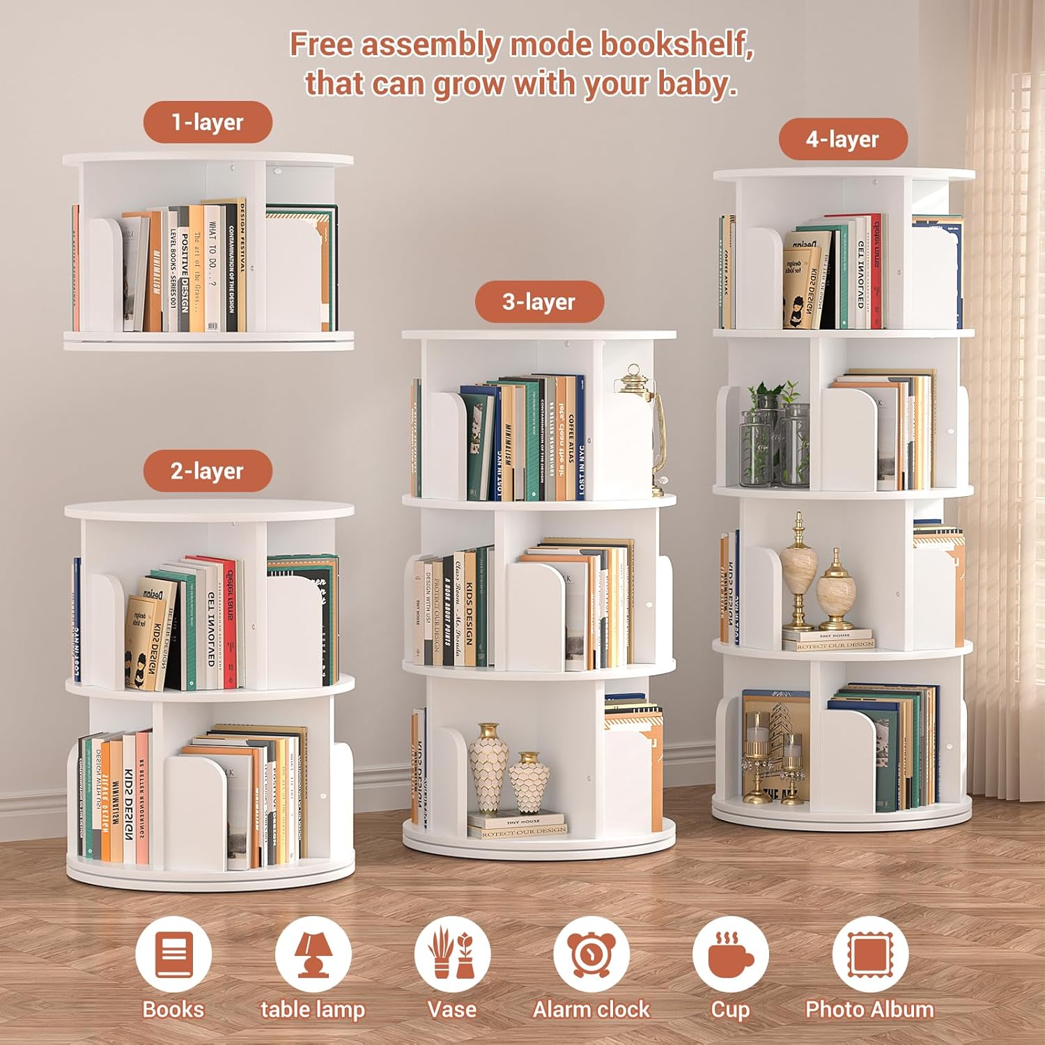 Rotating Bookshelf, Wood Corner Bookshelf, 360 Display Spinning Bookcase Storage Rack, 4 Tier Floor Standing Revolving Bookcase Narrow Book Shelf Organizer for Small Space, Bedroom, White - Image 6