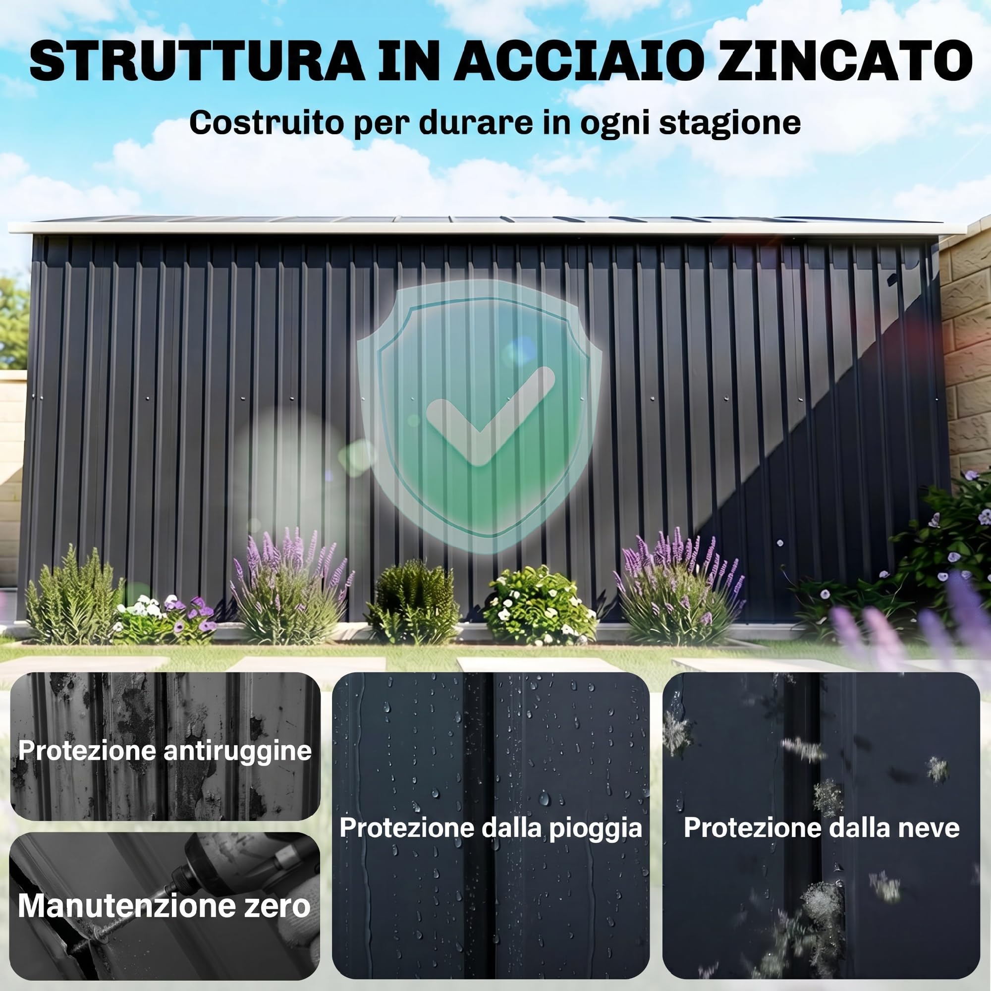 Outsunny Casetta da Giardino in Lamiera d'Acciaio 8.3 m² con 2 Porte Scorrevoli 277x322x192 cm Grigio Scuro
