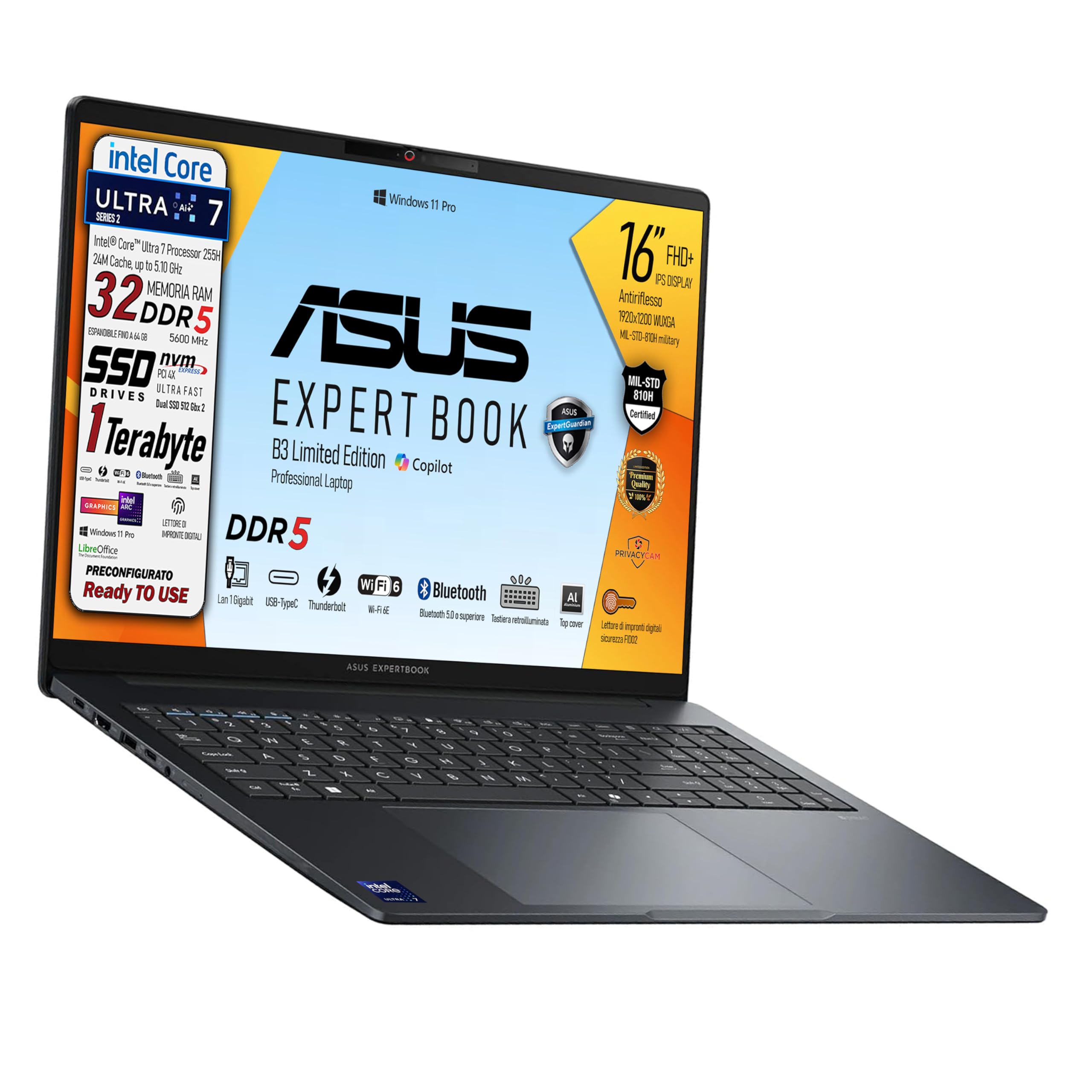 ASUS Notebook B3, Intel Ultra7 255H, Ram DDR5 32Gb, SSD Pci 1Tb, (2x512Gb) Display Ips 16" WUXGA, Intel Arc 140T 16Gb, Wi-FI 6, 2 Usb-C, lan Rj45, Tastiera retroilluminata, fingerprint, Ready to use - 1