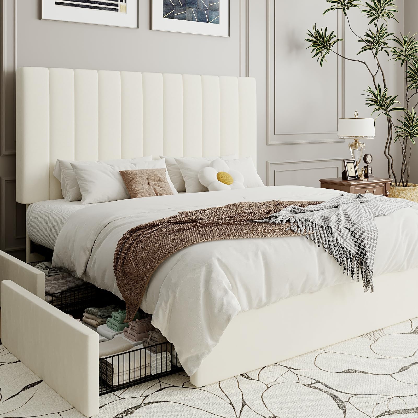 Full Size Platform Bed Frame with 4 Storage Drawers, Vertical Channel Tufted Adjustable Headboard, Velvet Upholstered, Wooden Slats Support, No Box Spring Needed, Easy Assembly, Cream