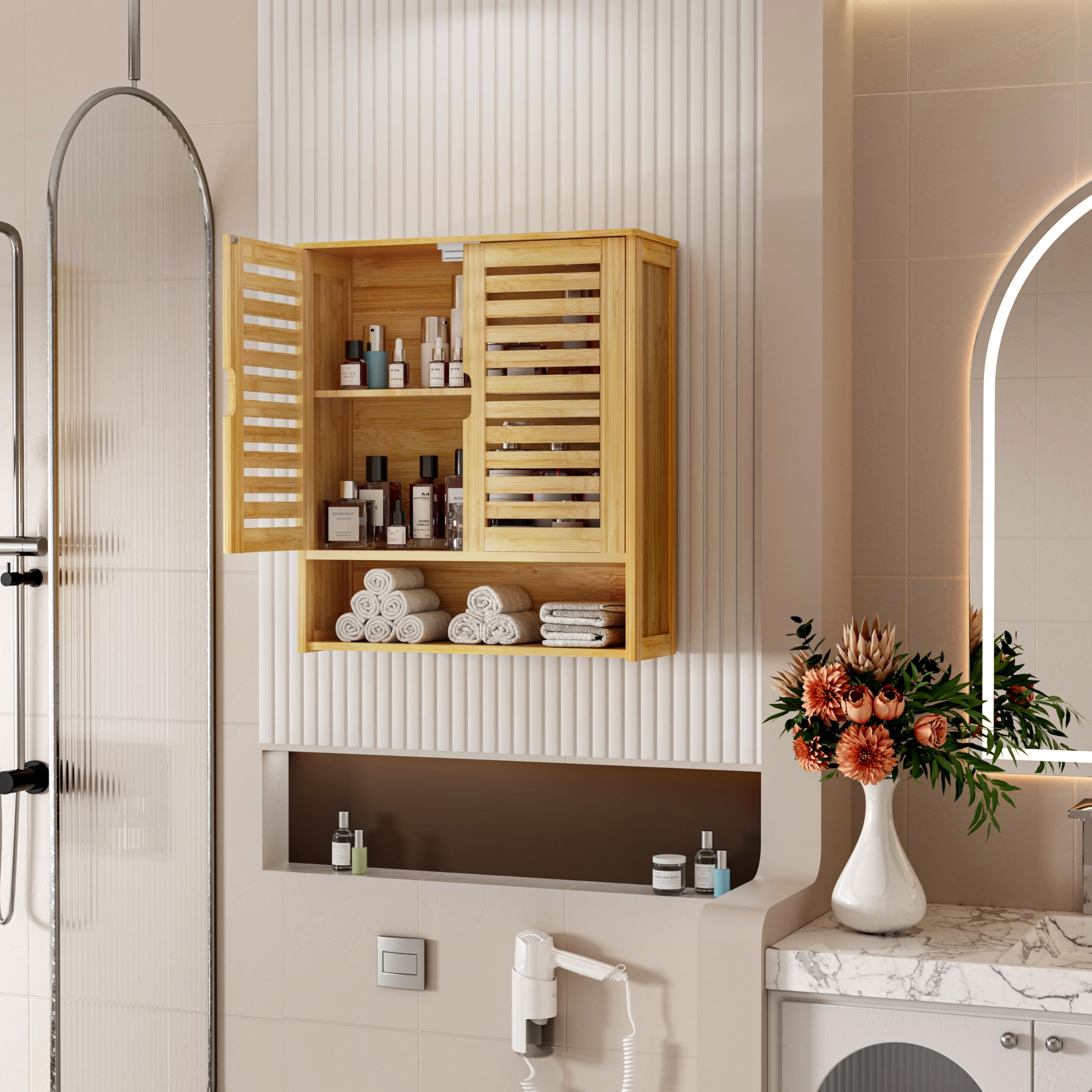 unho Meuble Salle de Bain Mural: Armoire Toilette Suspendu en Bambou Naturel Placard WC 2 Portes Rangement Cuisine Murale avec Étagères Réglables - 59x20.5x66.5 cm