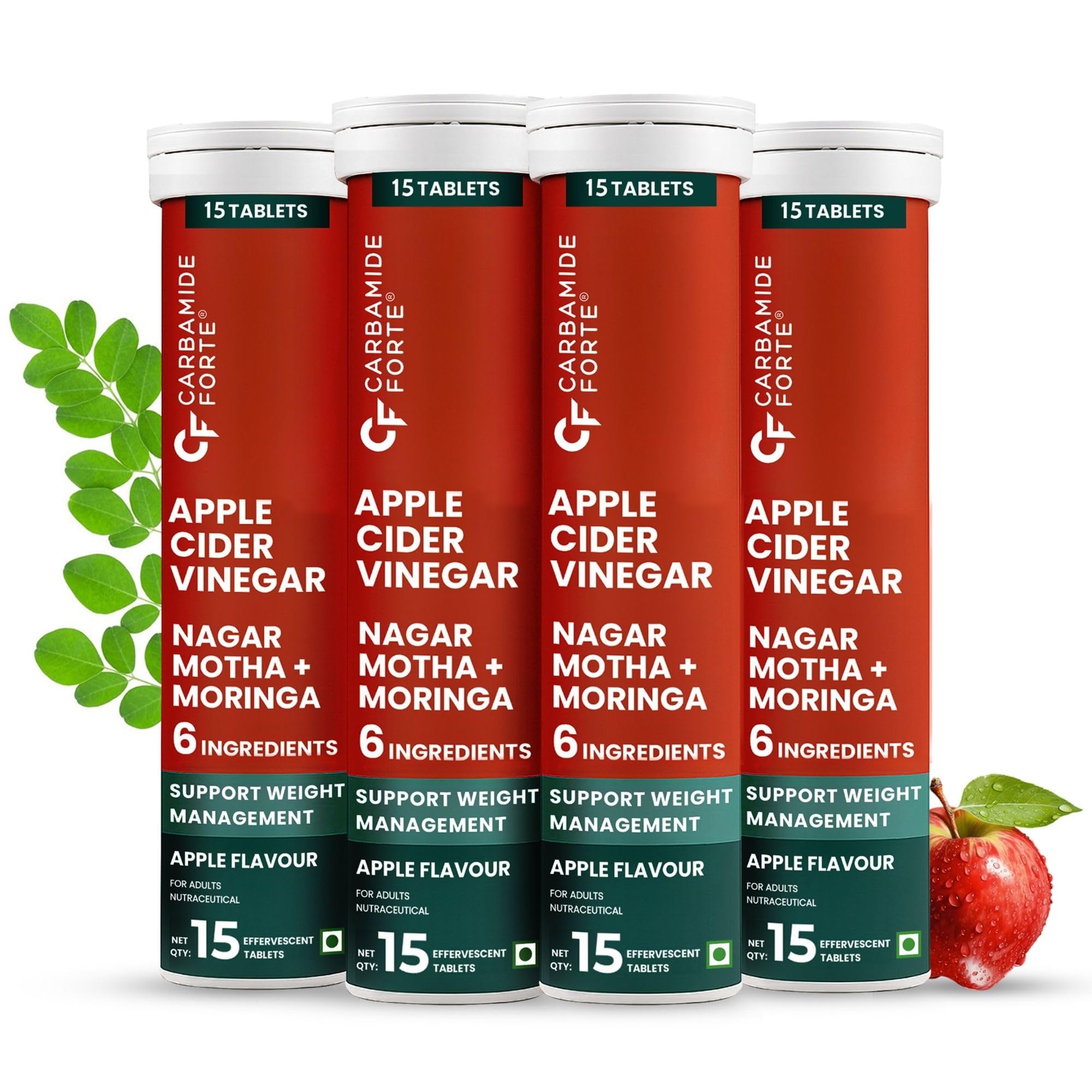 Carbamide Forte Apple Cider Vinegar (ACV) Effervescent tablets with the Mother Vinegar, 20:1 Nagarmotha Extract, Moringa Leaf Powder and Cinnamon Bark 5% Extract for Men and Women | Support weight management & may help boost metabolism - 15 x 4 Tablets