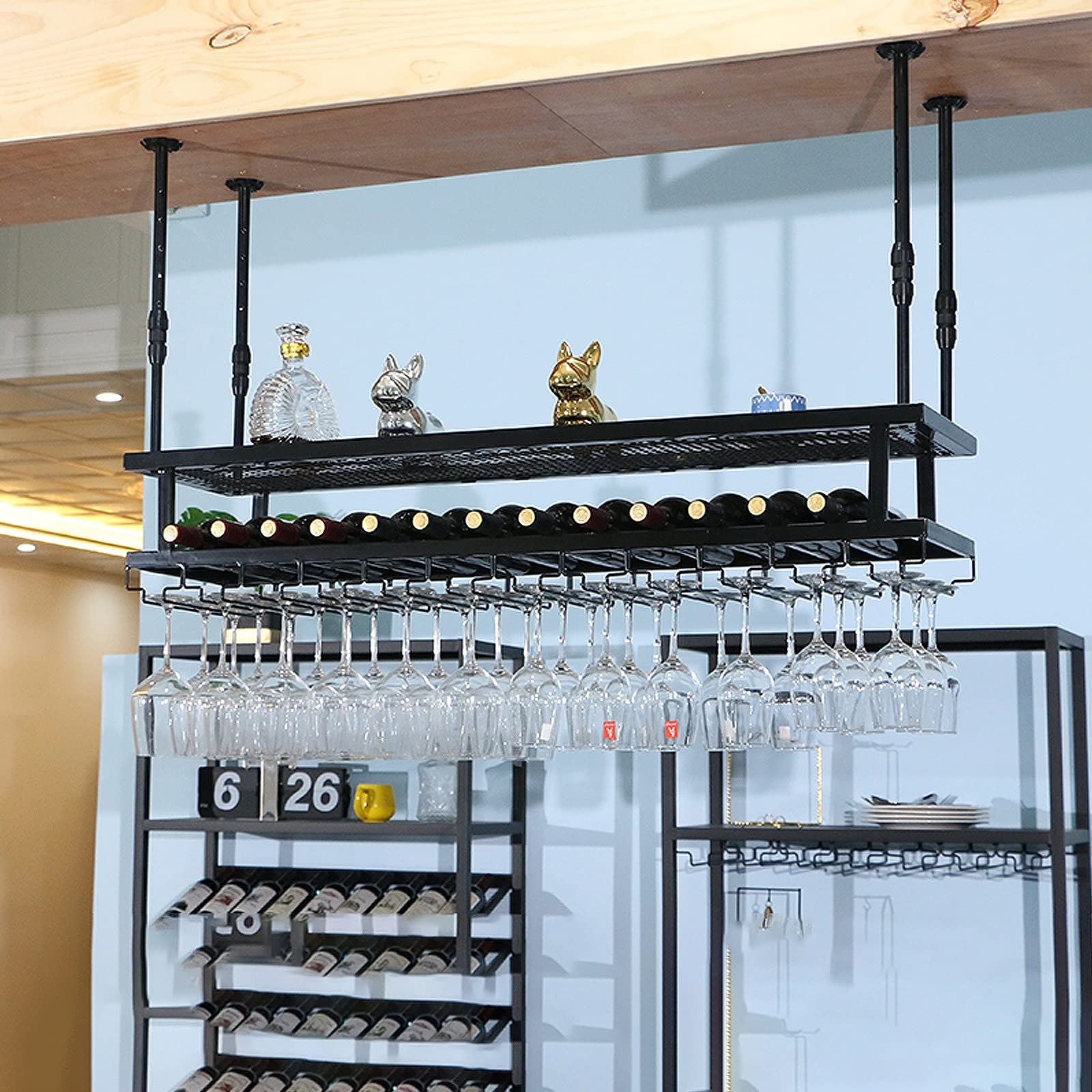 BTZHY Portabottiglie,Mensola da soffitto Industriale da Appendere con Supporto in Vetro, portabicchieri da Vino Regolabile da Bar a soffitto, mensola Galleggiante a 2 Livelli, per Esposizione, con