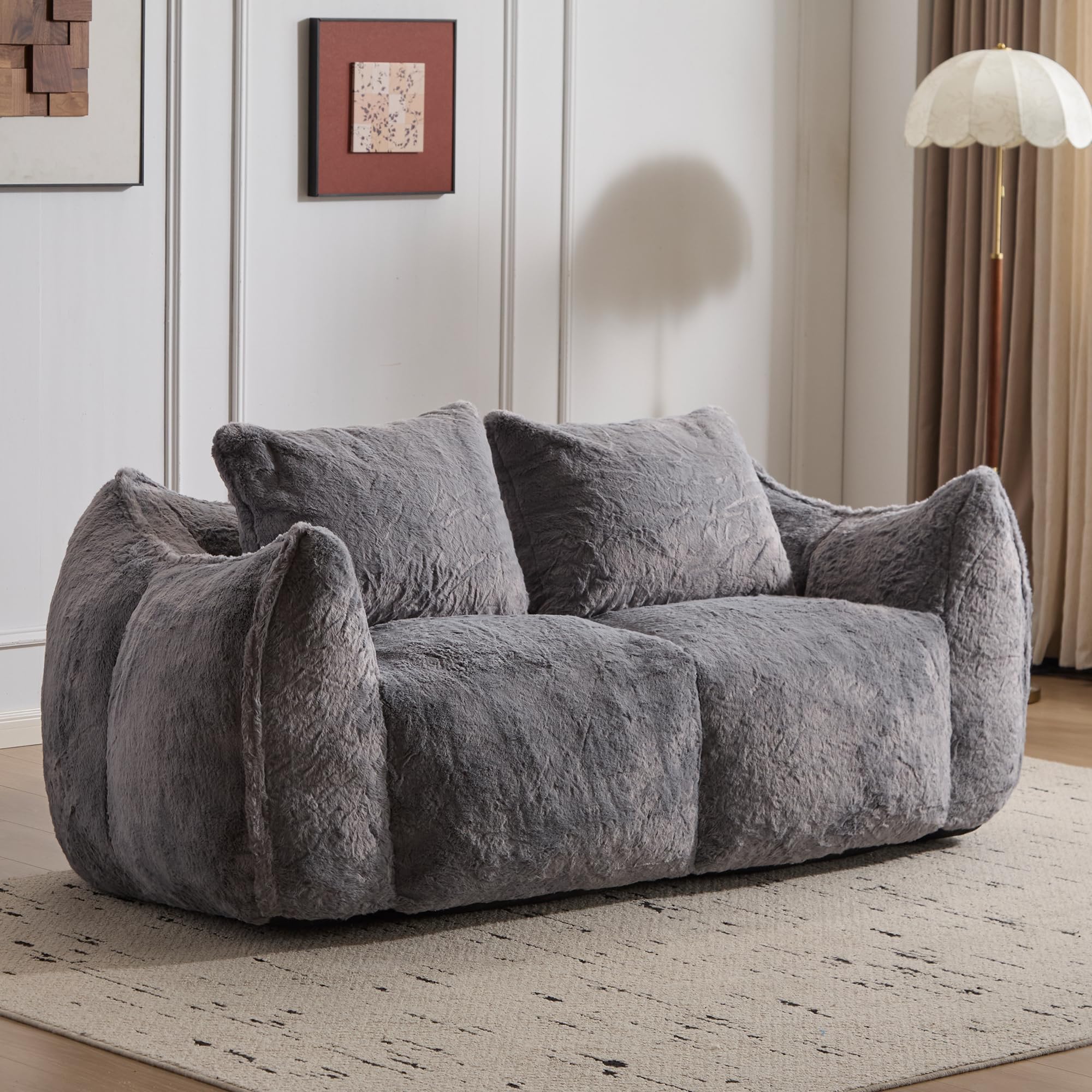 Gray Giant Bean Bag Chair, Ultra Soft Fluffy Loveseat Bean Bag Sofa, 76'' Faux Fur Shell, Stuffed Oversized Floor Sofa for Living Room Bedroom, Cozy Reading Chair