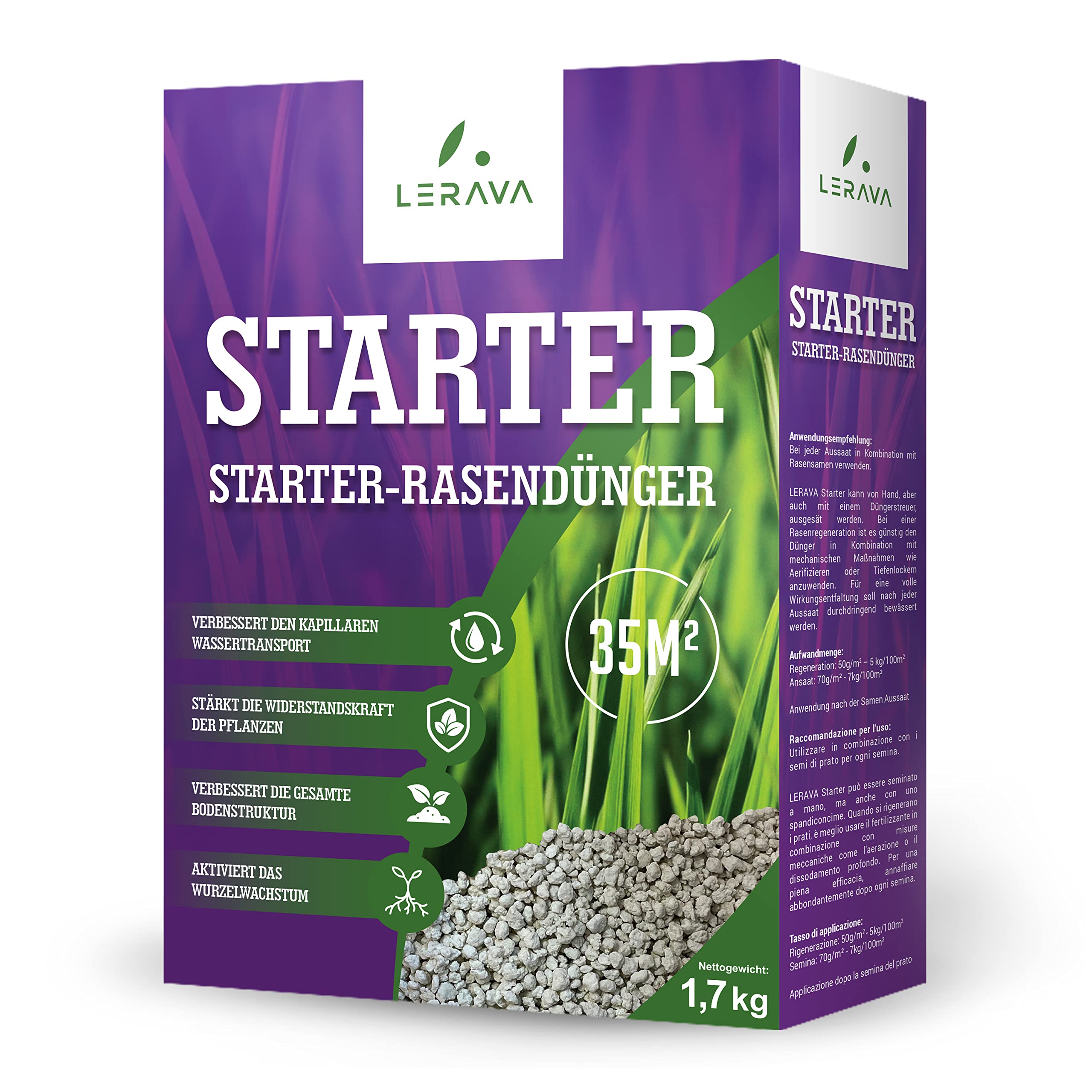 LERAVA Rasendnger Starter (35 m) - aktiviert Wurzelwachstum - ideal fr  Rasensamen ohne Verbrennungsgefahr - strkt Widerstandskraft und Wurzeln -  Startdnger fr dichte Rasenflchen : Amazon.de: Garten