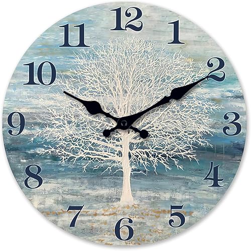 XFM Reloj de pared con diseño de árbol de la vida, silencioso, sin tictac, funciona con pilas, 16 pulgadas, pequeño, retro, decorativo, azul,