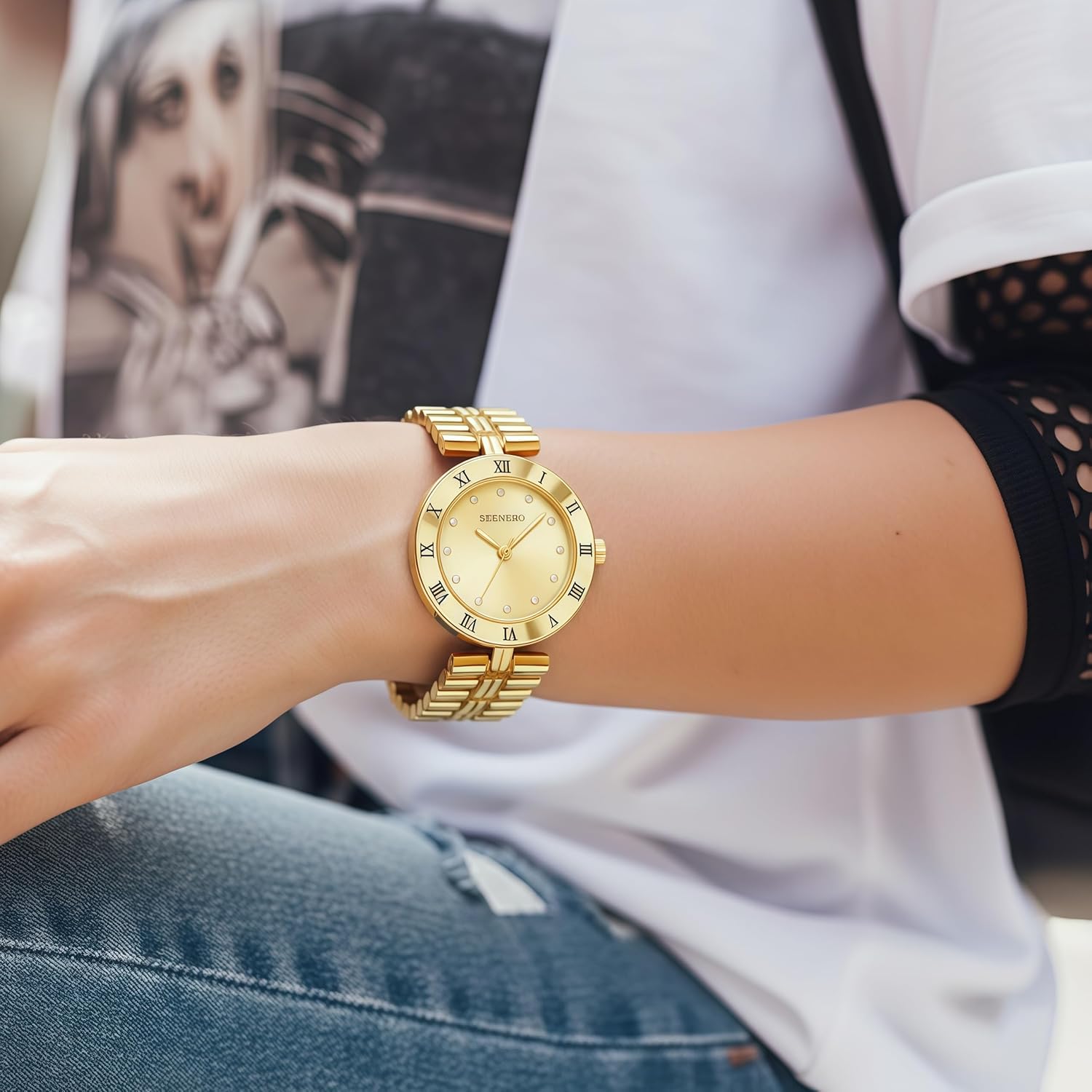 Women Gold Watch Dainty Analog Dress Timepiece with Round Roman Diamond Dial Trendy Bangle Bracelet Style Waterproof Watches Luxury Gifts for Women - Image 4