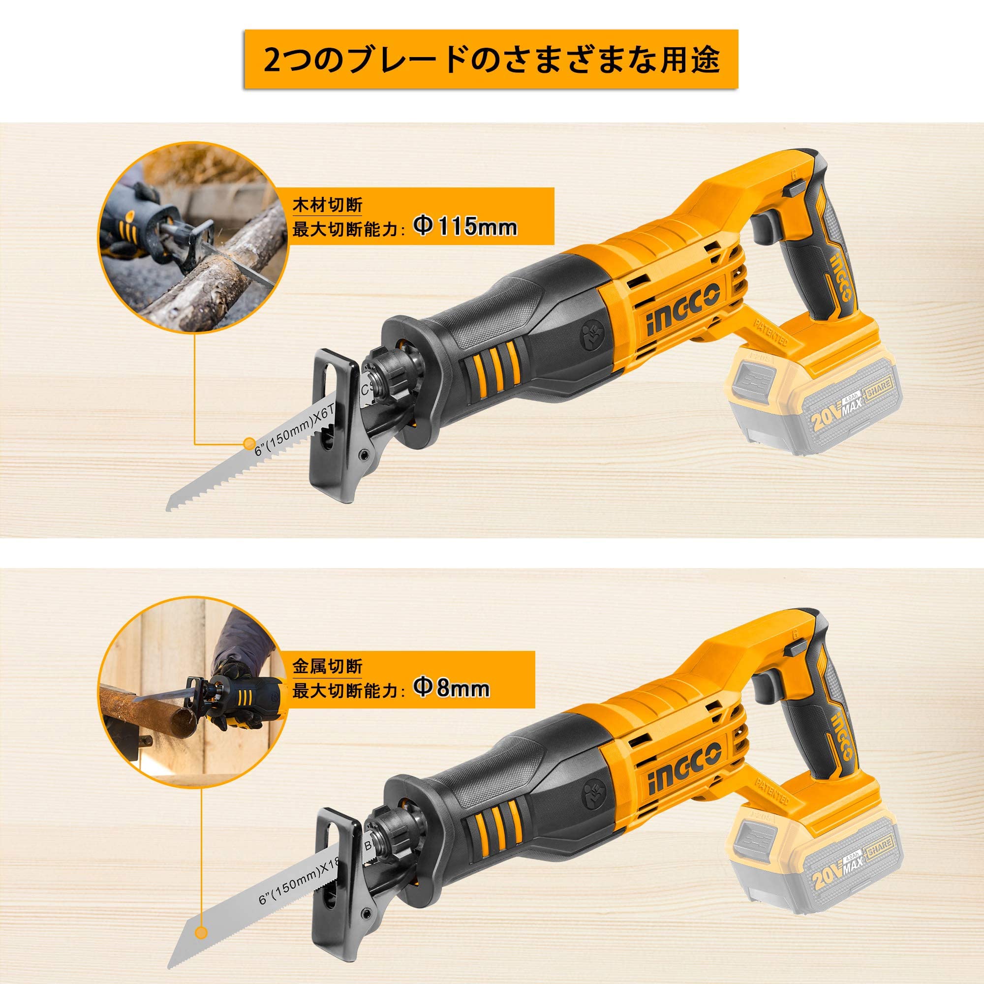 Amazon | INGCO 充電式レシプロソー 20V 電動のこぎり 電動ノコギリ