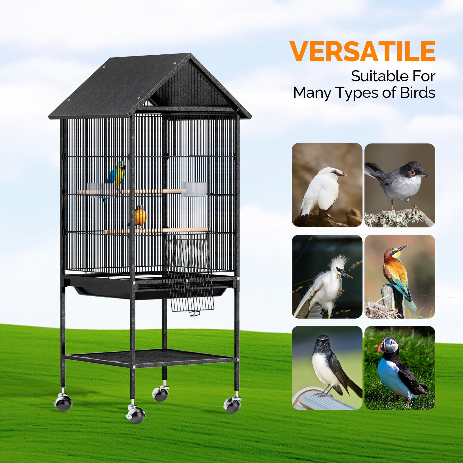 VINGLI Bird Cage with Rolling Stand for Parrots, Cockatiels, Budgies, Lovebirds, Small/Medium Birds (50" H with Spire Roof) - image 8