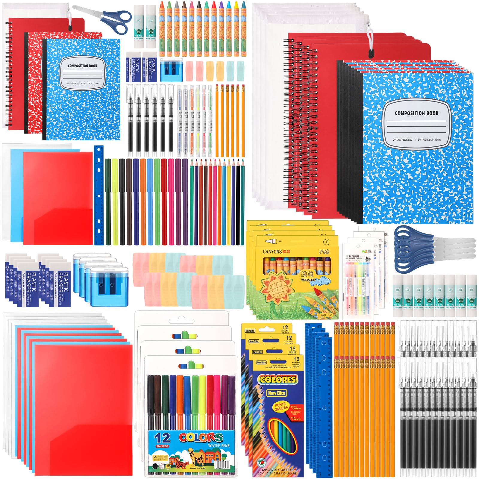 Gilprop Set di 4 kit di forniture scolastiche 2025, 47 pezzi per set di forniture per il rientro a scuola Primary Middle College Bundle Essential Stuff Bulk Pen Notebook Cancelleria per bambini